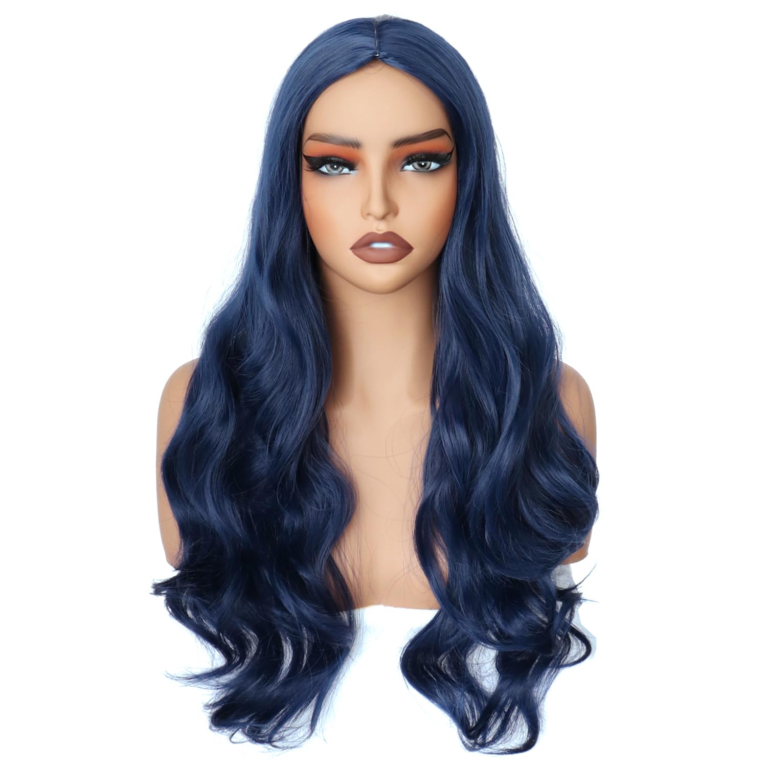 PORSMEER Wig Long Curly Wavy Wigs for Women Ladies with Middle Part Cosplay Fancy Dress Wig Synthetic Heat Resistant Hair Wigs Long Replacement Hair (Dark blue) - Image 2