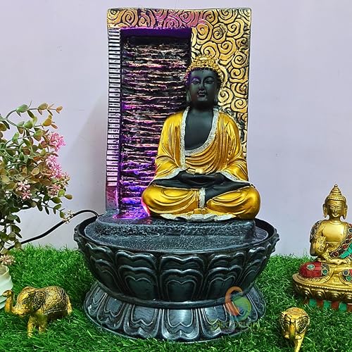 Image of Meditating Buddha Table Top Water Fountain for Home Decor /Office /Indoor & Outdoor /Garden /Puja Room /Vaastu with Multicolor LED Light and Adjustable Water Pump (Meditating Buddha D-066)