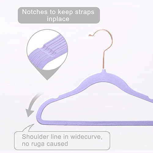 Miniatura 3 de MIZGI Perchas de terciopelo prémium para niños (paquete de 50) con ganchos de cobreoro rosa, ultra finas que ahorran espacio, perchas