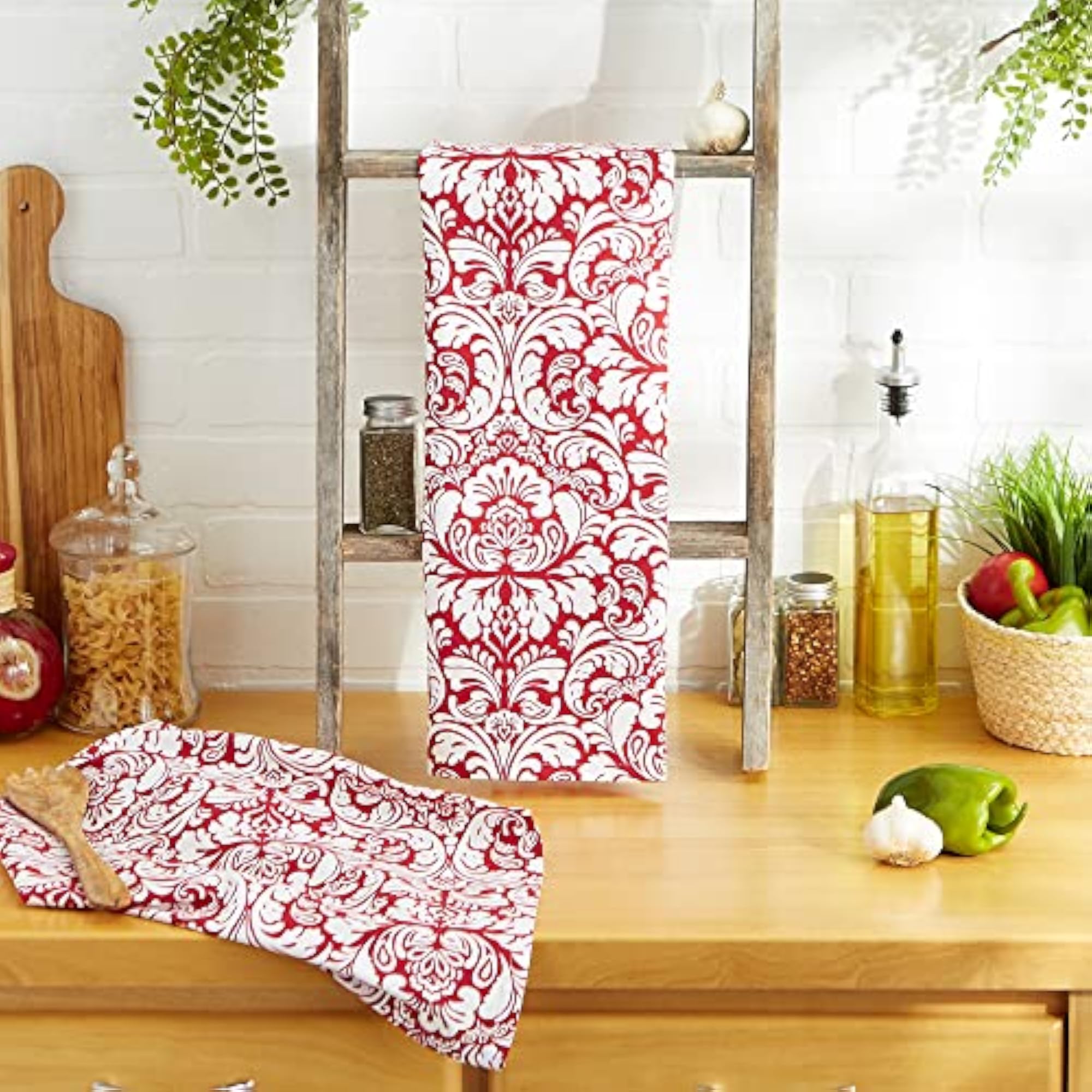 Cotton Dish Towel Set Damask Print, 18x28, Tango Red
