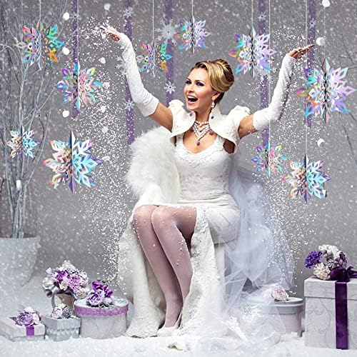 15Pcs Frozen 3D Hanging Snowflakes Decorations, Holographic Snowflakes Garland Silver Snowflakes for Winter Wonderland Decorations Frozen Birthday Party Supplies
