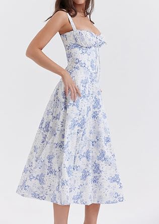 Sun Dresses for Women 2026 Boho Midi Dresses Casual Spaghetti Ruffle Dress Midi Dress Flowy Slit Bustier Dresses