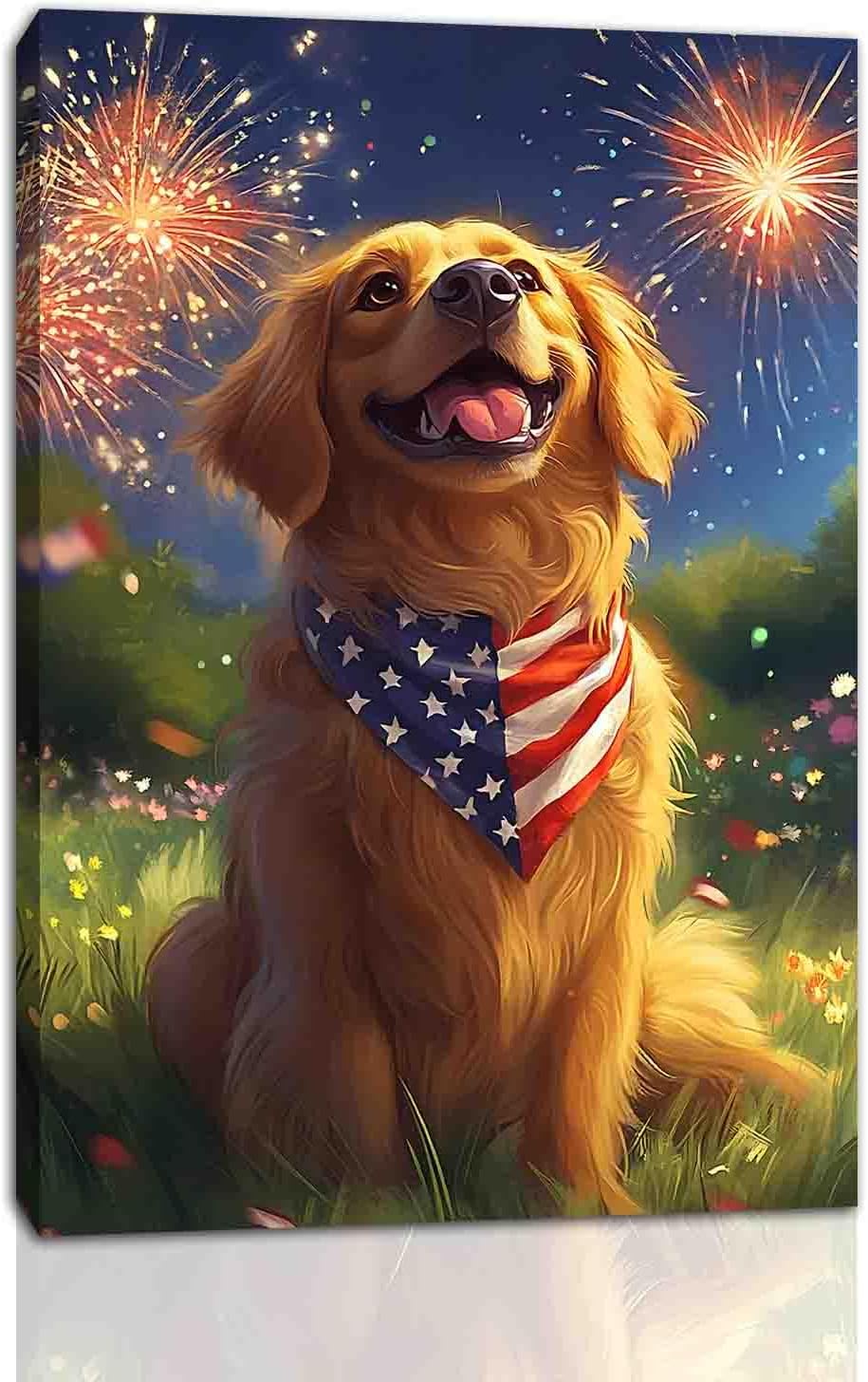 FOTRIC 4th of July Dog Patriotic Wall Art Golden Retriever Patriotic Garden Flag Canvas Independence Day Puppy Pictures Print Wall Decor Lover Dogs Home Decor Wooden Frame 8x12 inch