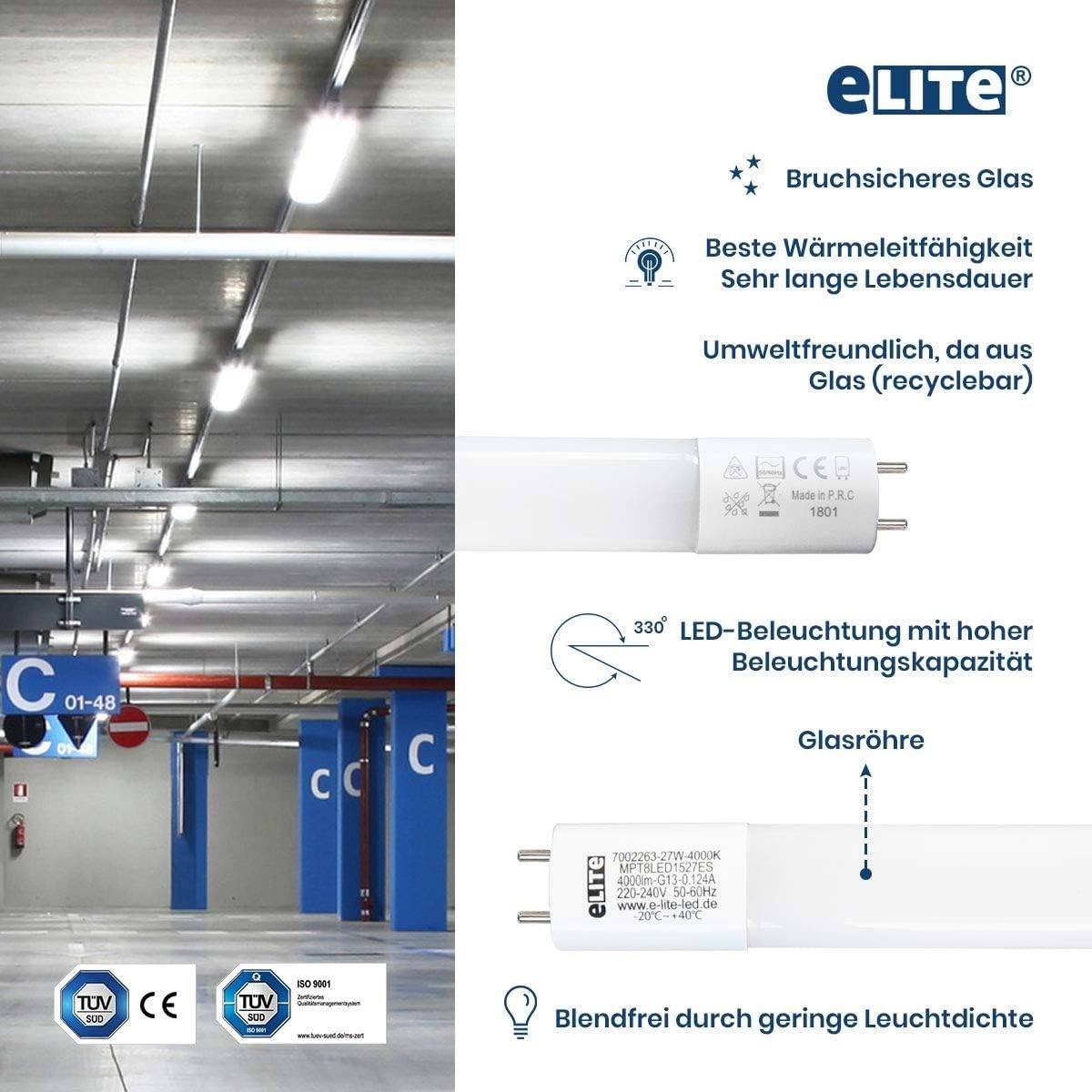 eLITe Halterung mit 2x LED Röhren T8 Glas 150cm 4000lm 6500K 24W