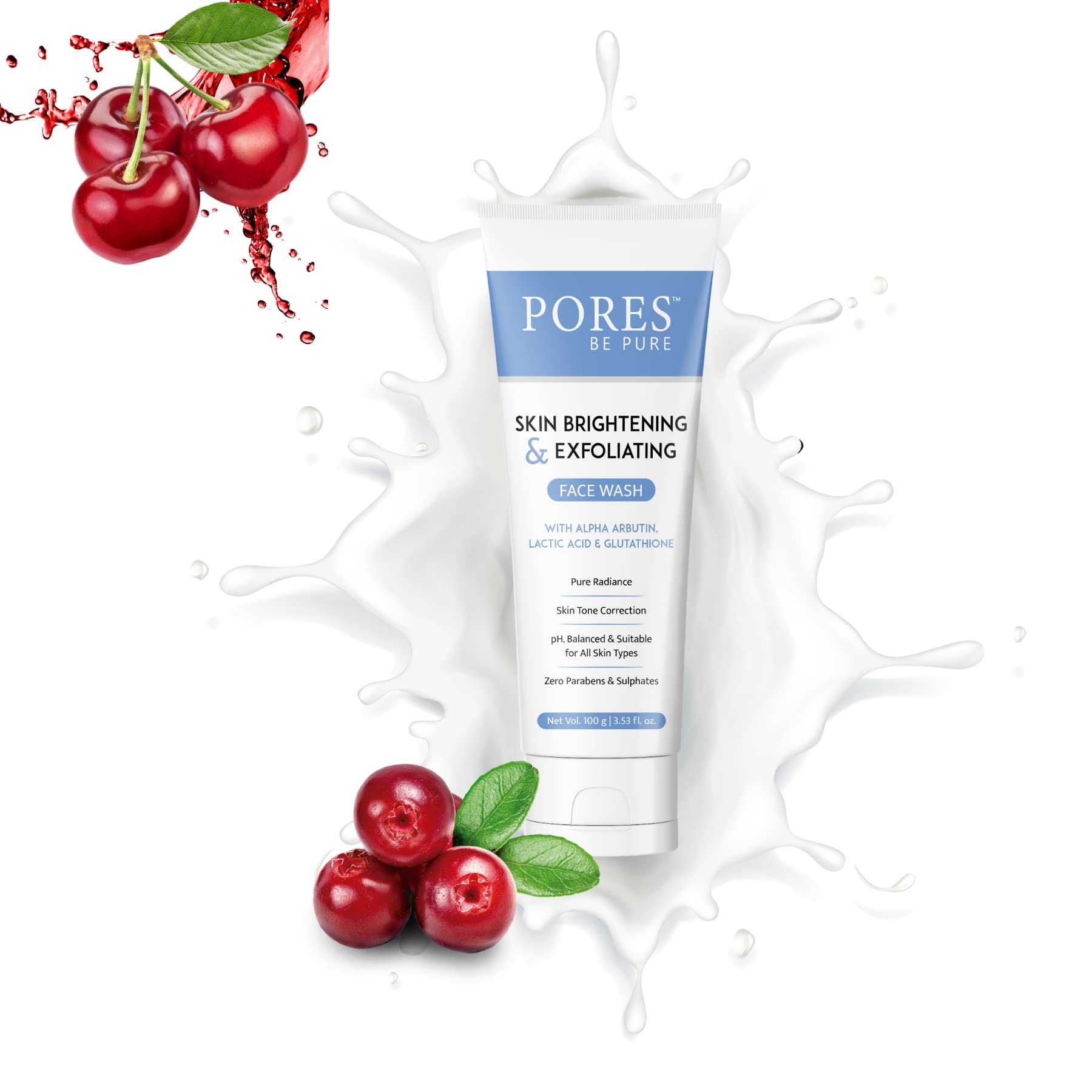 PORES BE PURESkin Brightening Face Wash For Women & Men | Face Cleanser with Alpha Arbutin, Lactic Acid & Glutathione | Exfoliating Glowing & Brightening Skin | All Skin Types - 100 G