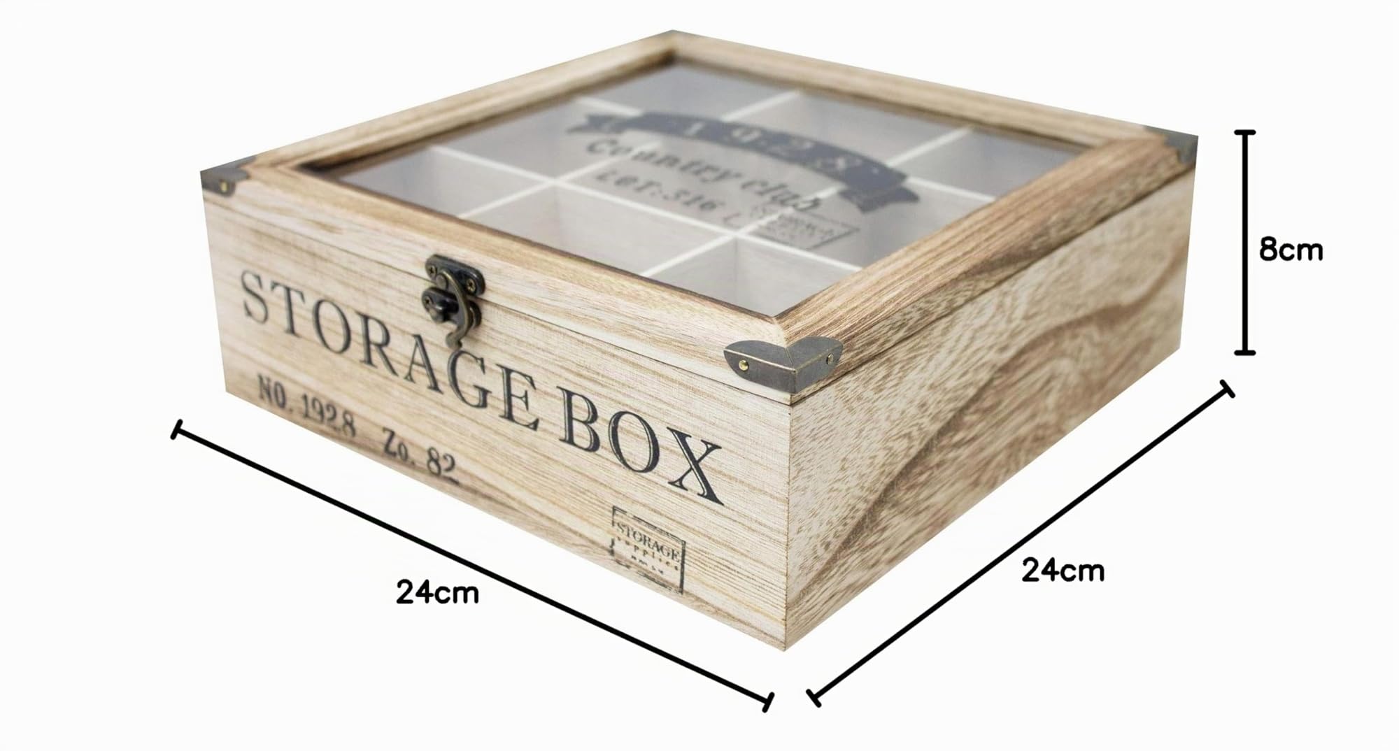 ToCi Scatola da tè in legno naturale con 9 scomparti – Scatola rettangolare con finestra in stile vintage – Contenitore per tè per bustine di tè, spezie e piccole parti | 24 x 24 x 8,5 cm