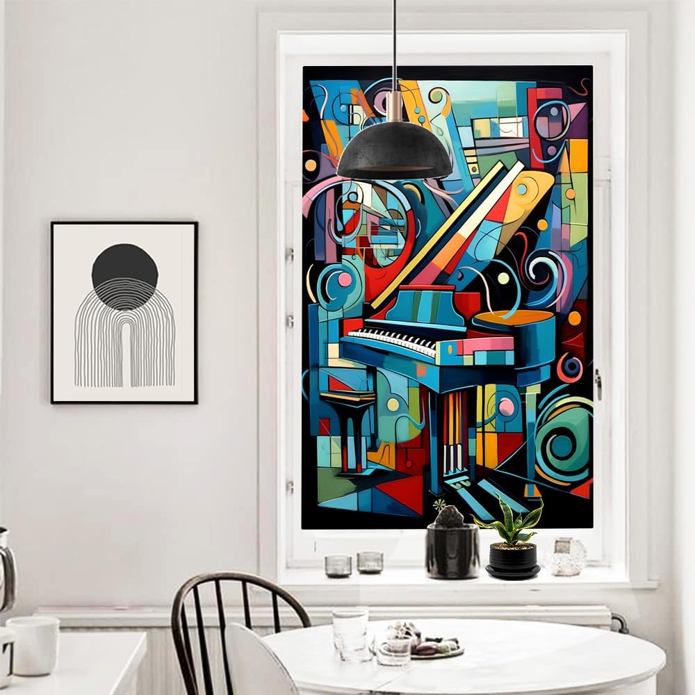 Abstract Music Piano Window Privacy Film Cartoon Musical Instruments Stained Glass Window Film Sun Blocking Heat Control Decorative Window Covering Film for Home Office 35.4Wx55.1L