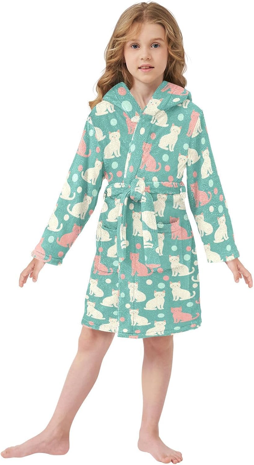 senya Color Cat on Green Dot Toddler Hooded Bathrobe Kids Soft Plush Bath Towel Robes for Boys Girls 2-12 Years