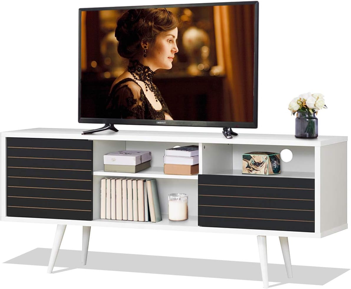 Tangkula Mid-Century Modern TV Stand for TVs up to 70 Inch, Wooden TV Console Table with Storage Shelves, Cabinet and Drawer, TV Storage Cabinet Entertainment Center for Living Room (White & Black)
