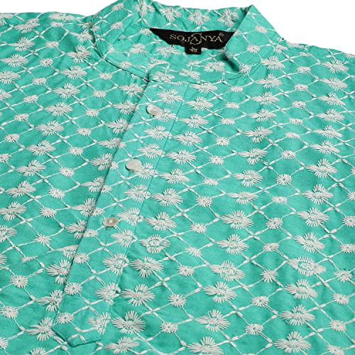 Image of SOJANYA (Since 1958 Men's Silk Blend Light Green Kurta & Nehrujacket with White Pyjama Combo