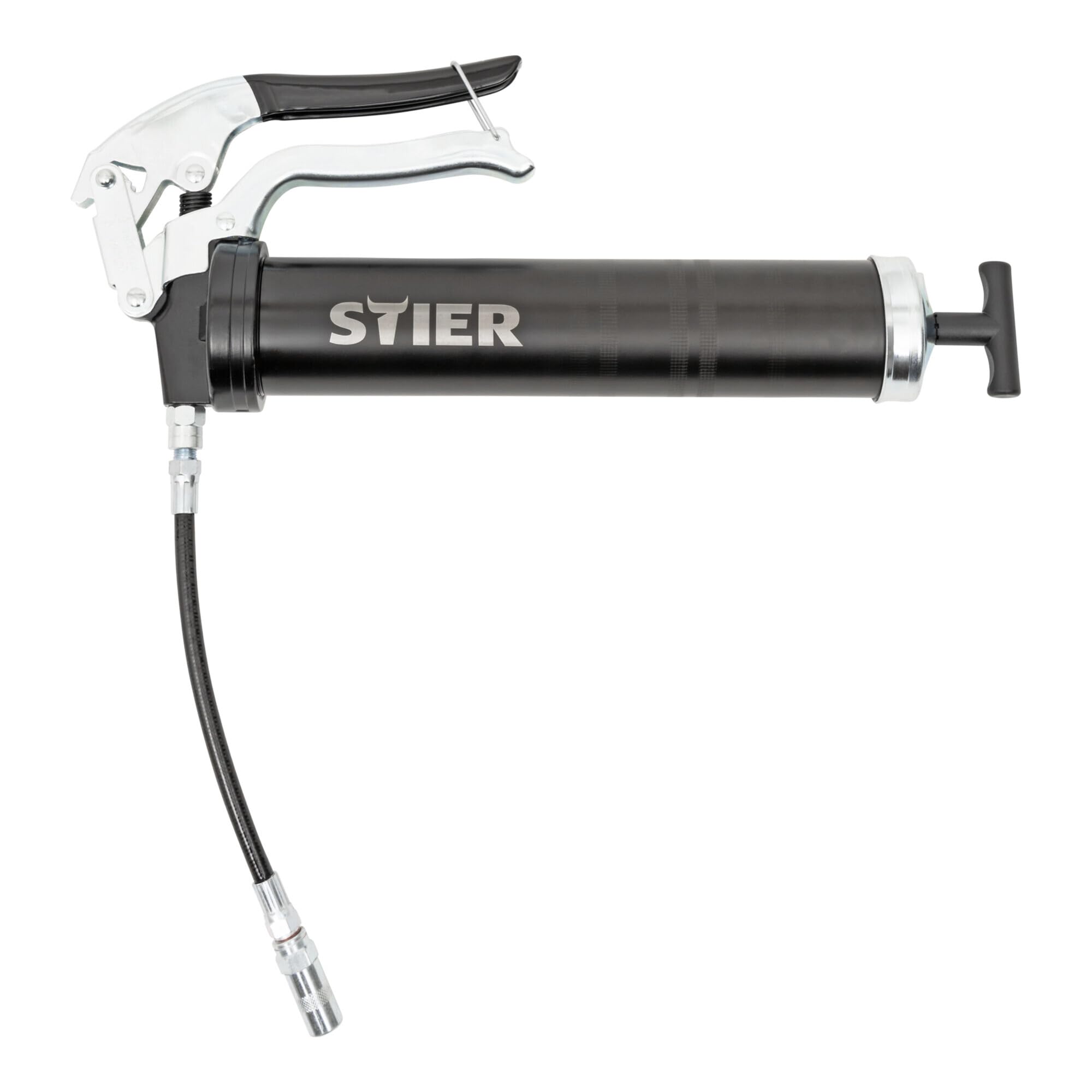 STIER Einhand-Fettpresse mit Nylonschlauch, Arbeitsdruck 410 bar, Kompatibel mit allen gängingen Fettkartuschen, ergonomischer Anti-Rutsch-Pistolengriff, Schmierpresse