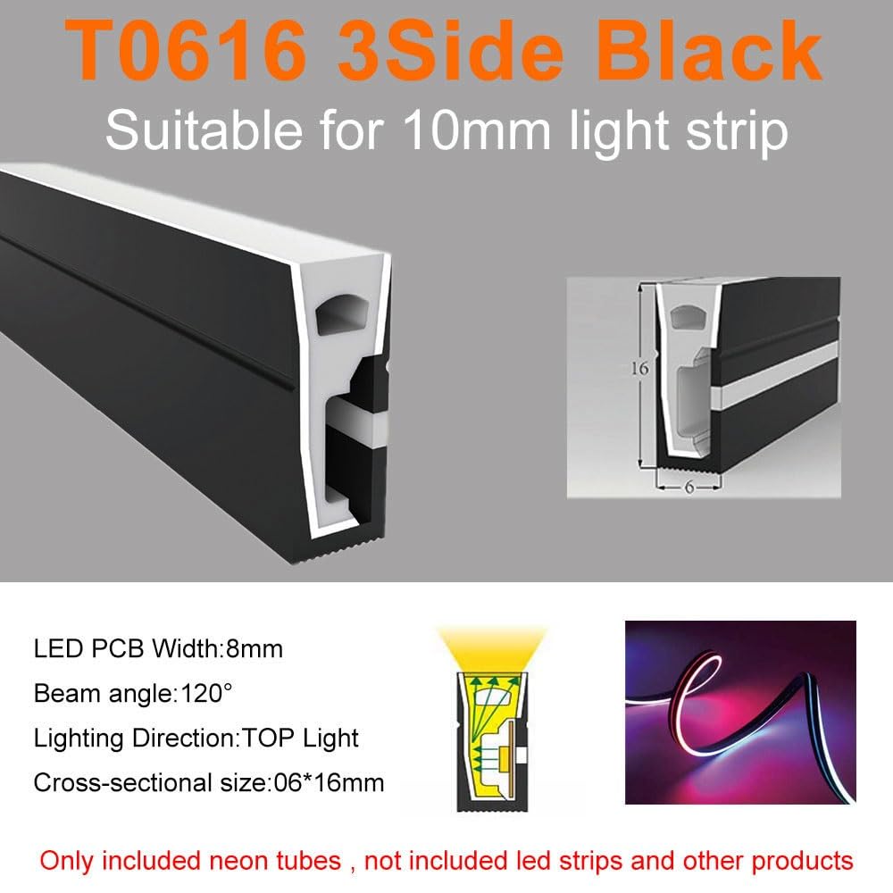 Schwarze Neon-LED-Streifen-Lichtabdeckung – flexible und wasserdichte Silikagel-Röhre (1/2/3/4/5/10 m) for gleichmäßiges Leuchten(T0616-3Side-2M)