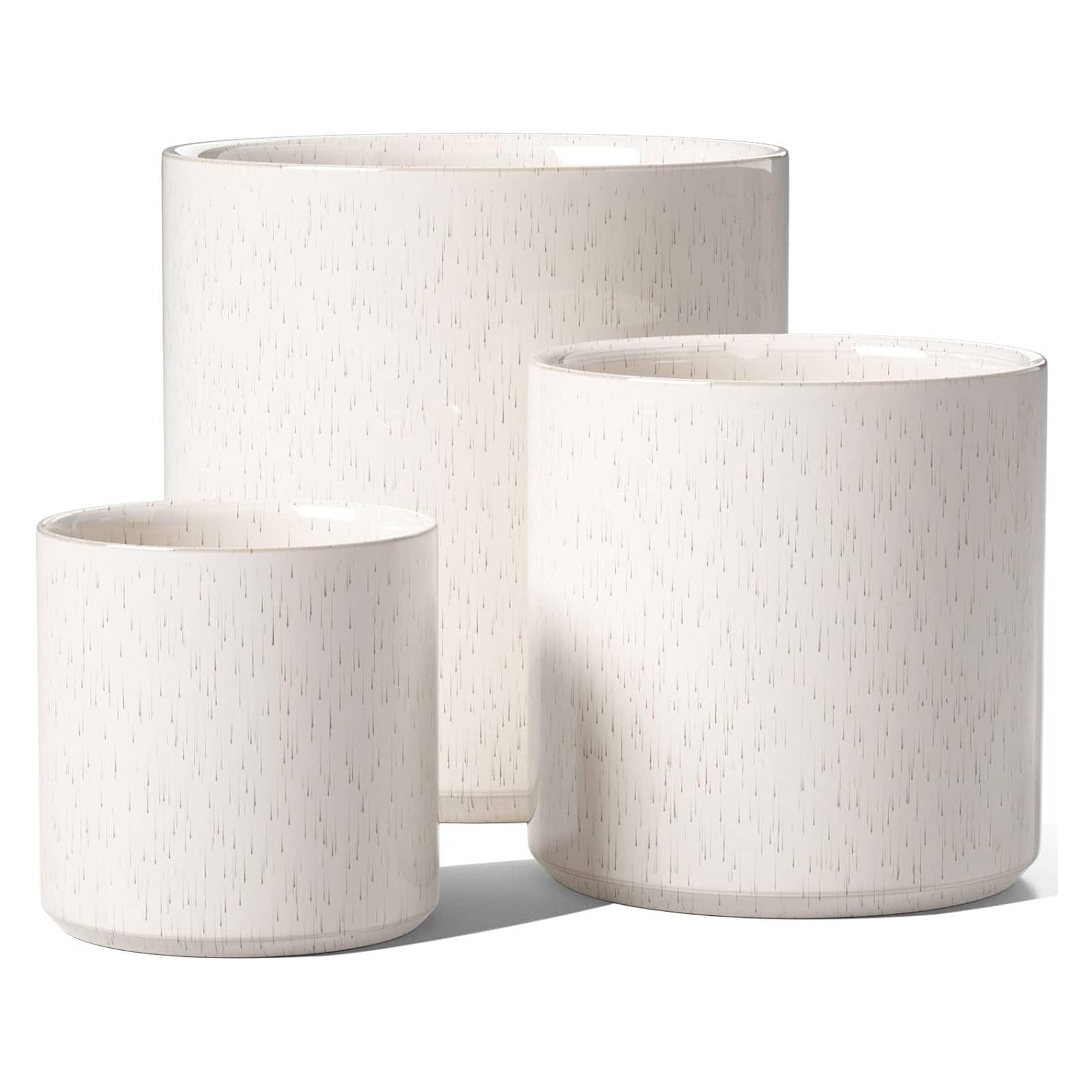 LE TAUCI 15+20+25 cm Plant Pots Set, Ceramic Planters for Indoor Plants, Mid-Century Modern Flower Planter Pots with Drainage Hole and Plug, Cylinder Round Planter Pots, Set of 3, Linen Birch