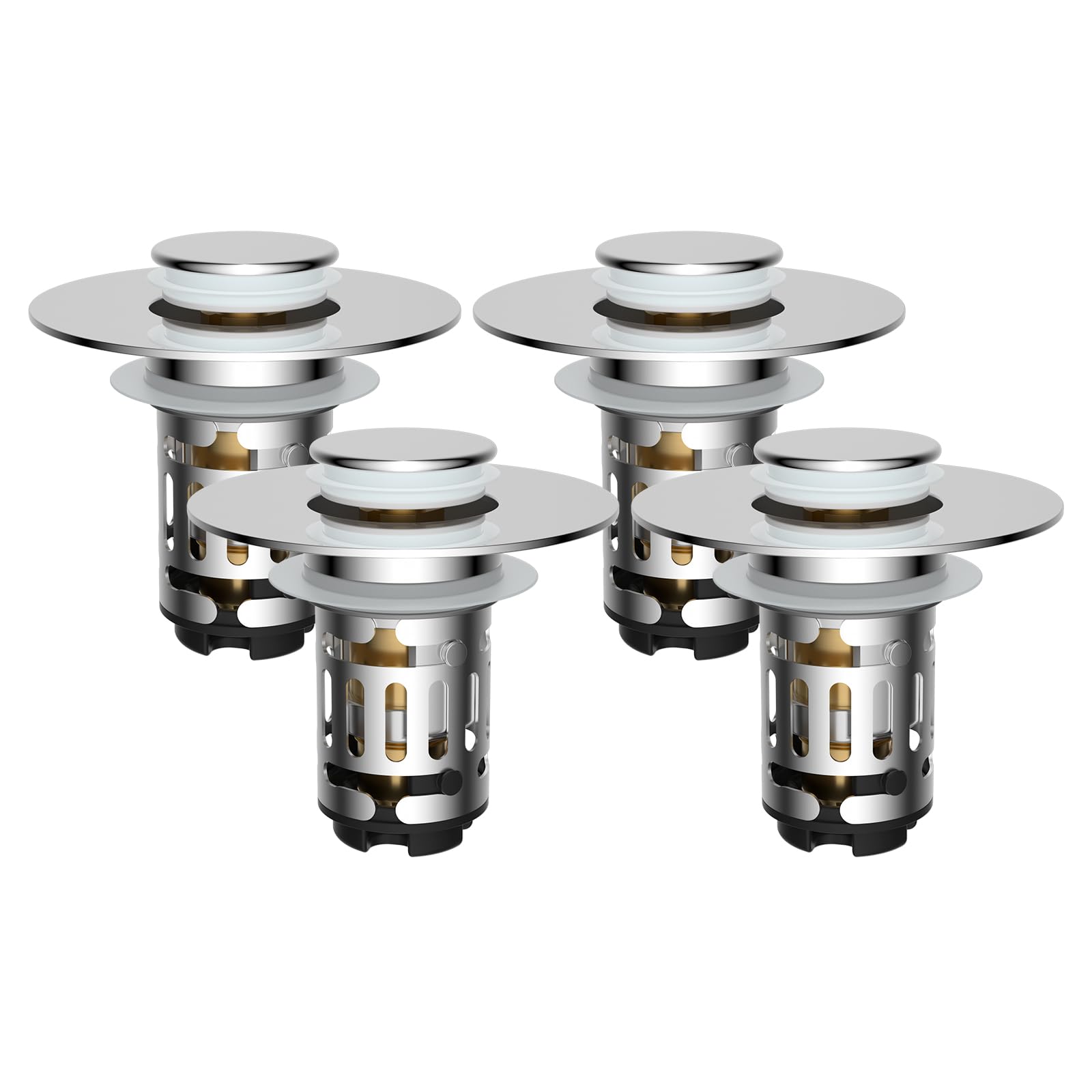 Hibbent 3-in-1 Abflusssieb für Waschbecken, universeller Pop-Up-Stopper mit abnehmbarem Edelstahl-Filterkorb, Haarfänger, Waschbeckenstöpsel für 2,8 cm ~ 5,9 cm Waschbecken, Messingkern, Chrom, 4