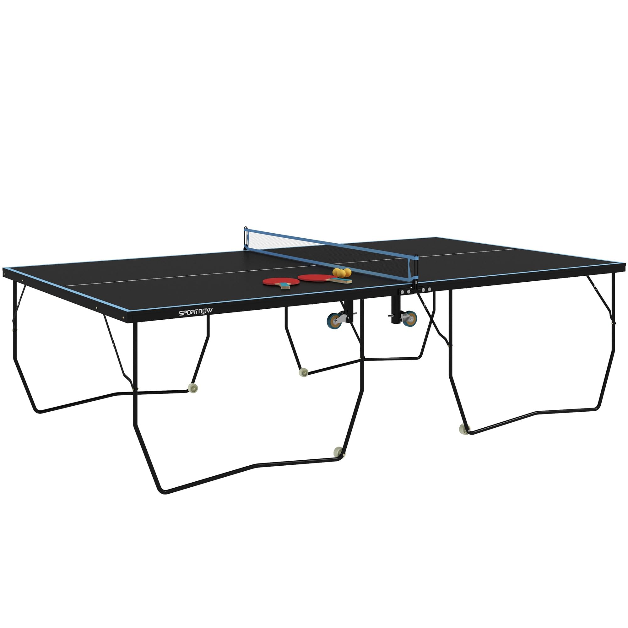 Mesa de ping pong plegable con ruedas, incluye red, 2 raquetas y 3 pelotas, tamaño estándar 274 x 152 x 76 cm, tablero de fibra de densidad media, estructura de acero
