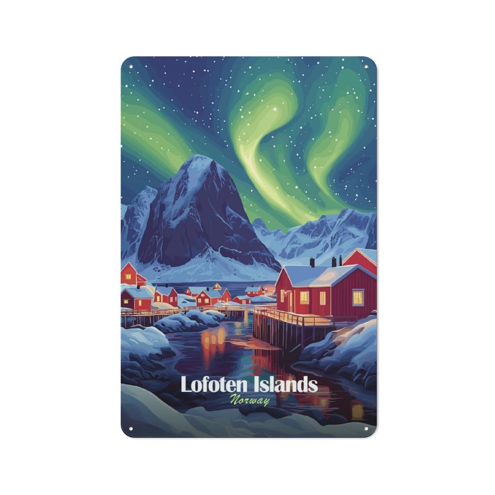 Junmoney Style Rustic Metal Sign 30X20cm Featuring Lofoten Islands Aurora Borealis For Hallway Wall, A Decorative Gift For A Newly Furnished Hallway