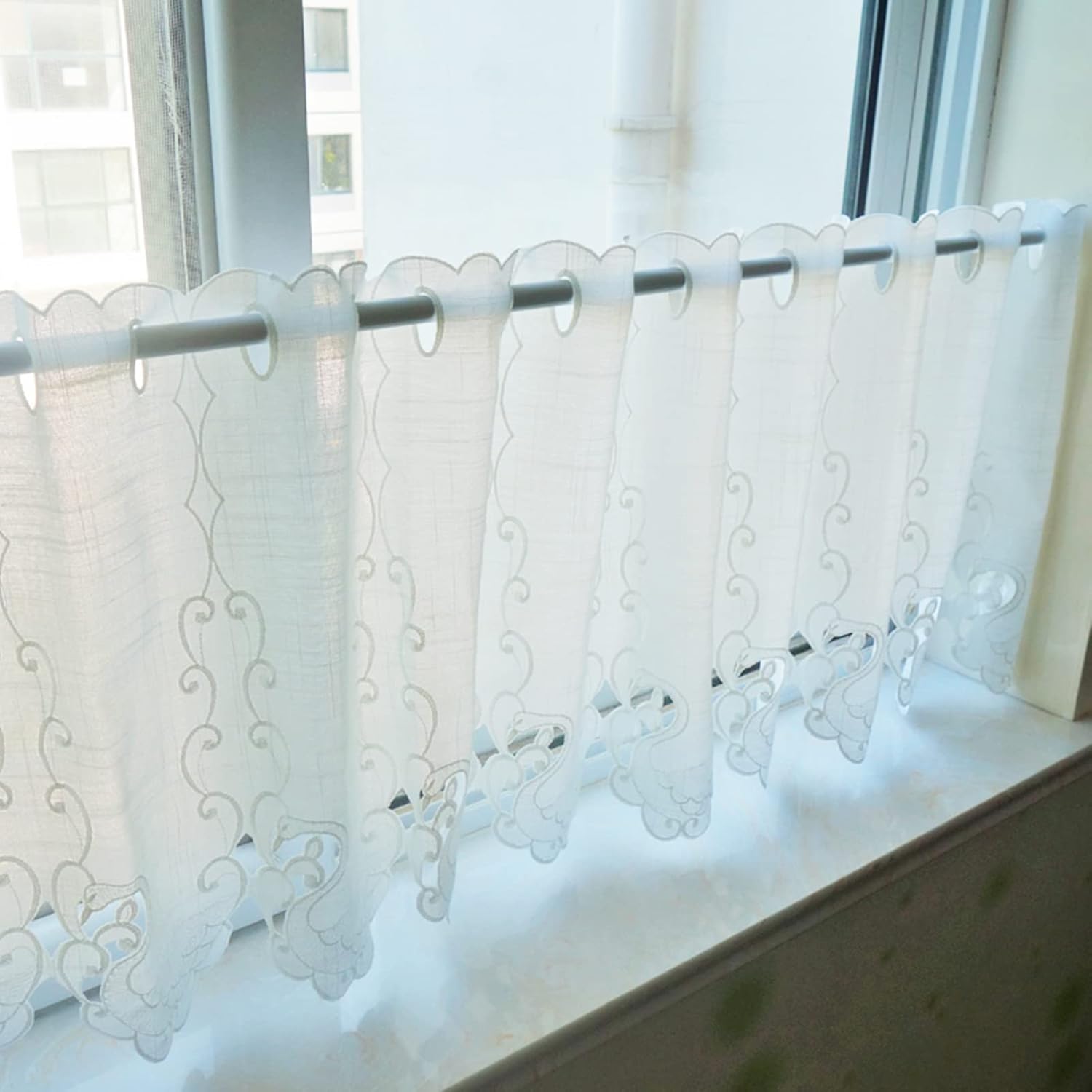 Stylish Kitchen Curtain, Beautiful Swan Embroidery Tier Curtains Valance, Short Drapes Insulating Blackout for Kitchen/Bedroom/Living Room/Café Small Window ( Color : White-cloth , Size : W230xH83cm )