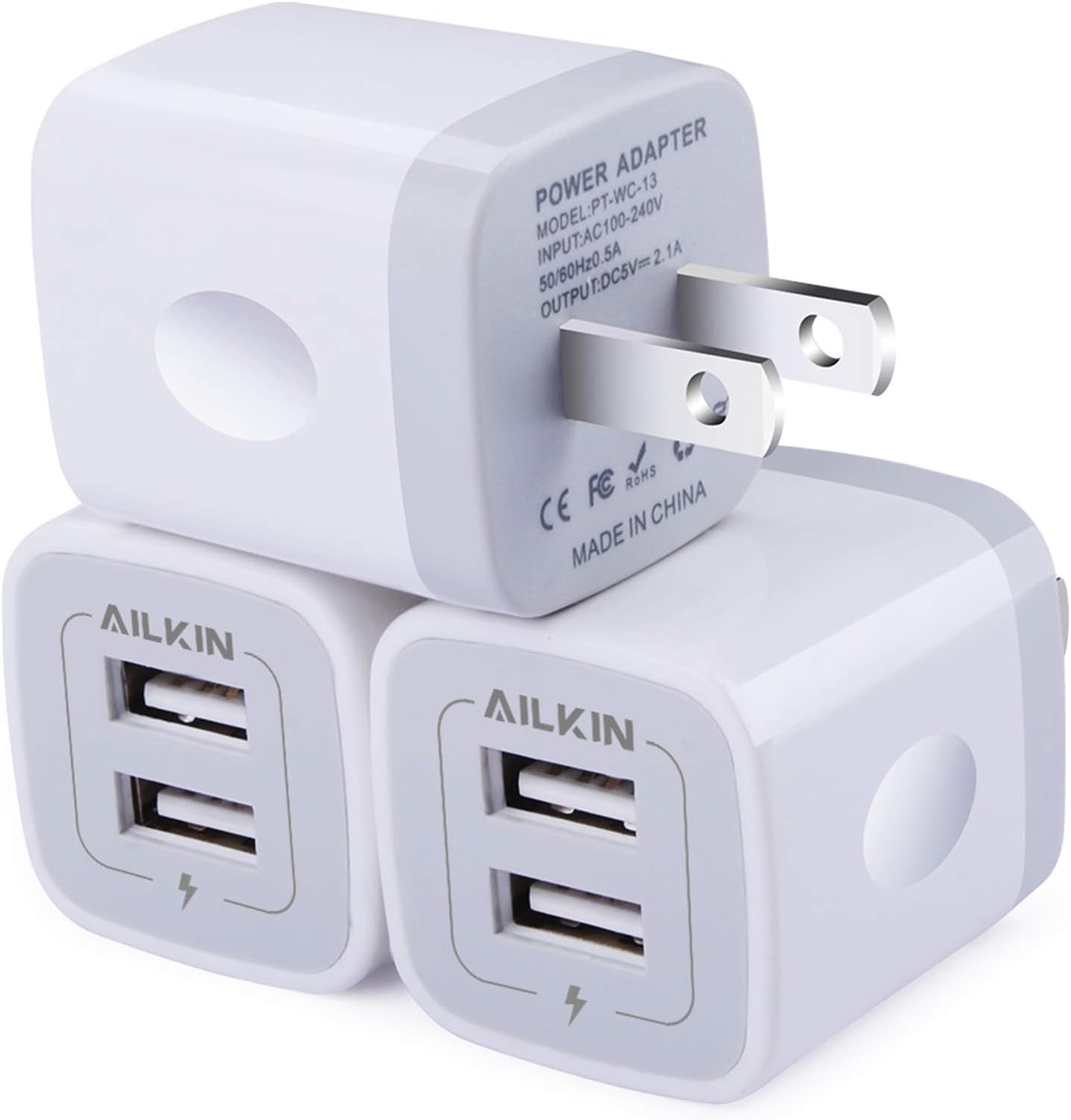 Wall Charger, 3Pack 5V/2.1A AILKIN 2-Port USB Wall Charger Home Travel Plug Power AC Adapter Fast Charging Block Cube for iPhone 15 14 13 12 SE 16Pro Max XS 17 Plus, Samsung Galaxy, Google Pixel Box