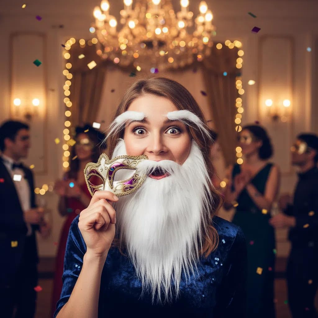 White Santa Beard and Facial Hair Costume Set - Realistic Fluffy Fake Beard with Eyebrows for Christmas, Theater,Photo Prop and Cosplay Costume Accessory