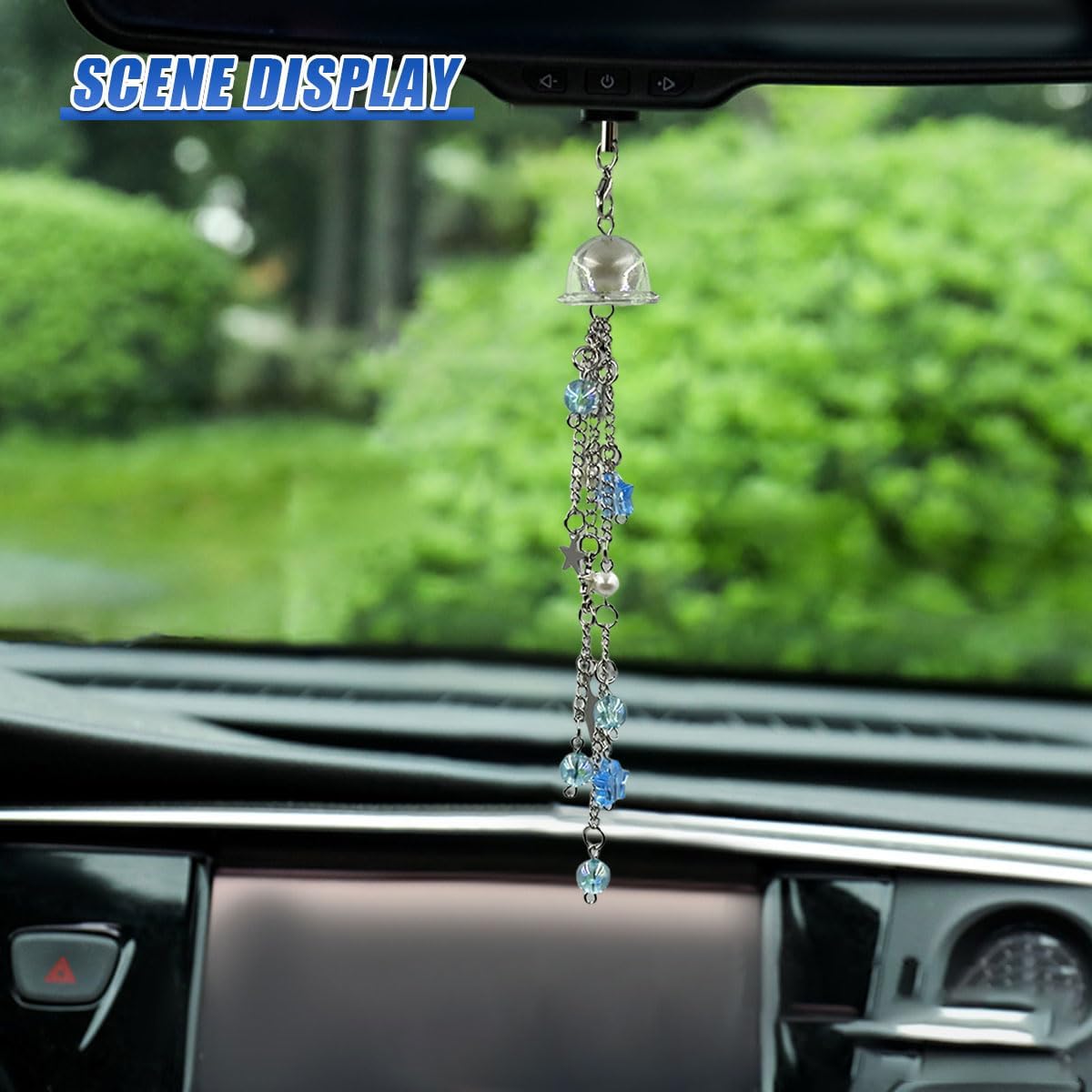 Cute Jellyfish Keychain Car Rearview Mirror Hanging Decoration – Kawaii Aesthetic Beaded Strap with Star Ornament, Cell Phone Pendant Car Rear View Mirror Charm for Women Girls (Blue)