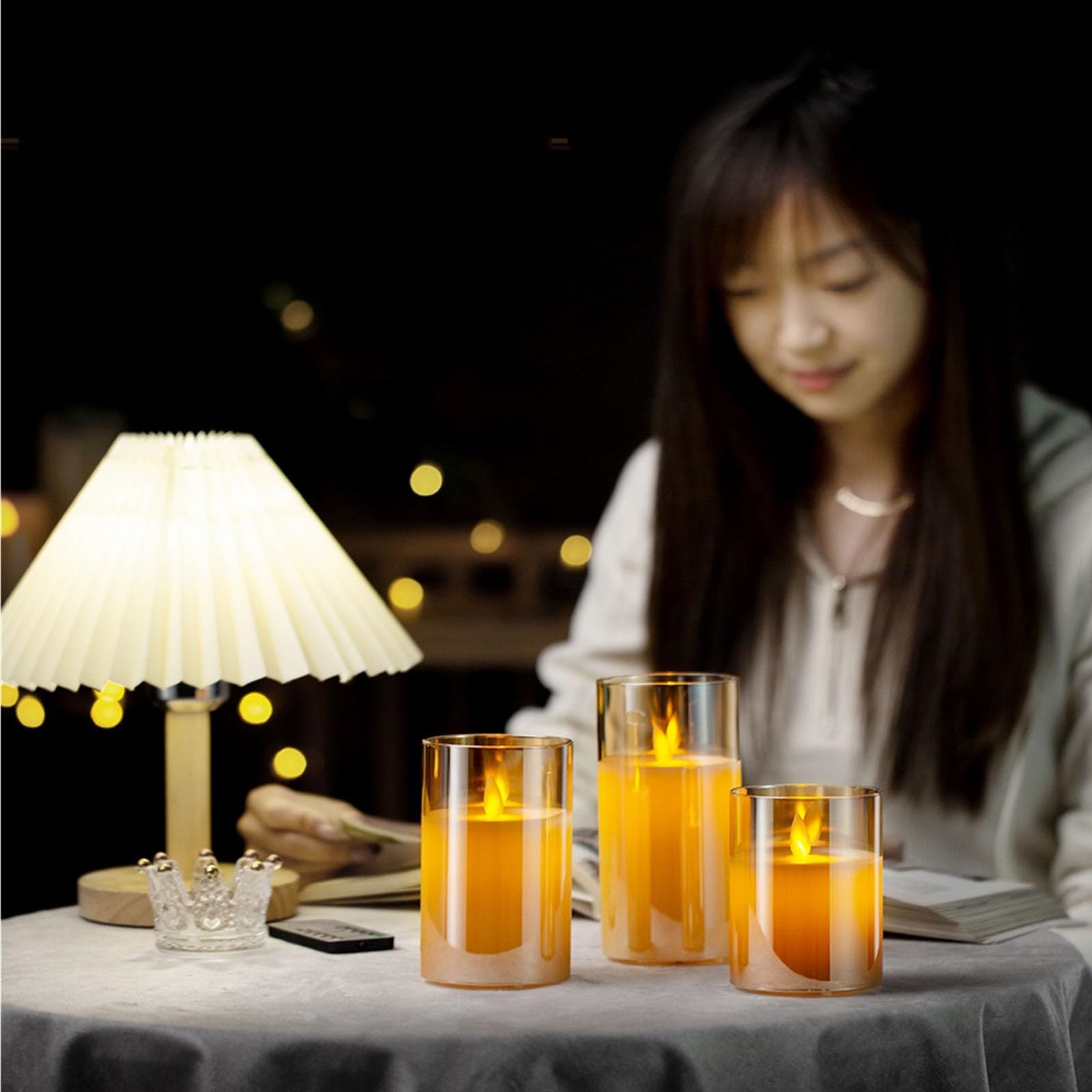 Candela senza fiamma in vetro ricaricabile con timer, telecomando, candela a colonna a LED, paraffina pura, set da 3 (Color : Amber)