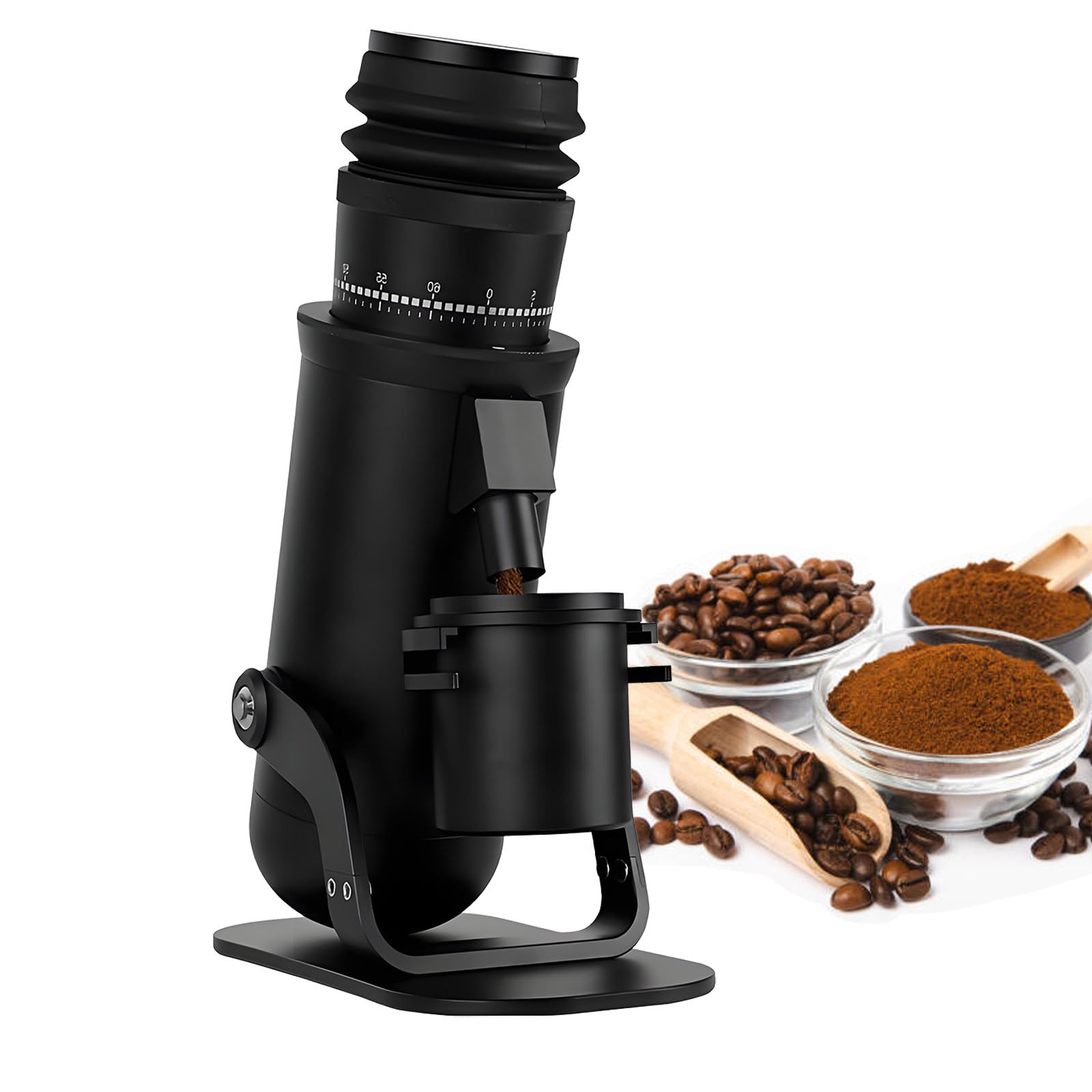 Elektryczny młynek żarnowy do kawy - 60-stopniowa regulacja prędkości elektrycznego młynka do espresso ze 48 mm stożkowymi żarnami ze stali nierdzewnej i magnetyczną pokrywą i kubkiem dozującym 18 g