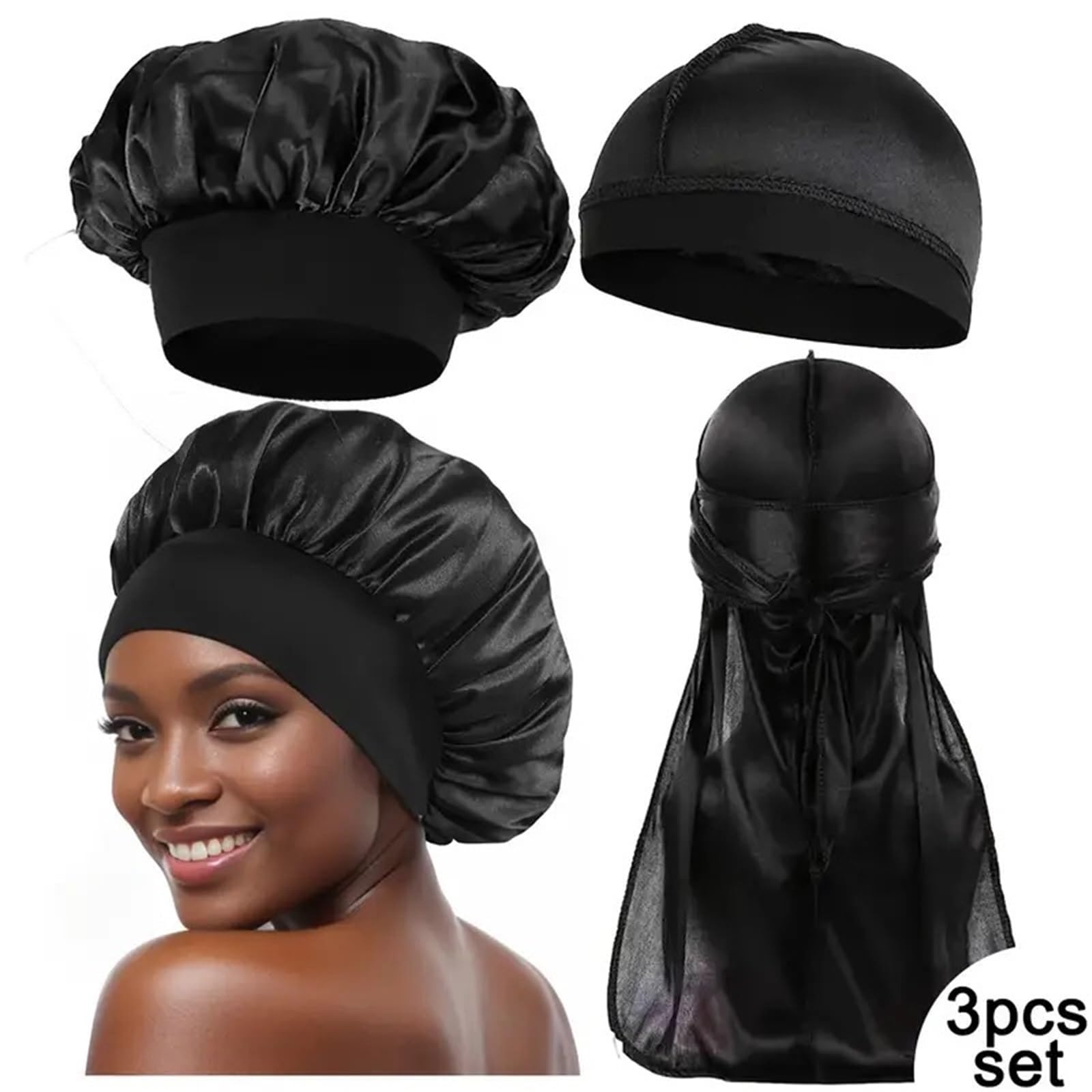 Schlafhaube Seide Damen Herren Seidensatin-Kappen 3er-Set Motorhaube Seidige Bandanas for Männer Turbanmütze Long Tail Schlafmütze