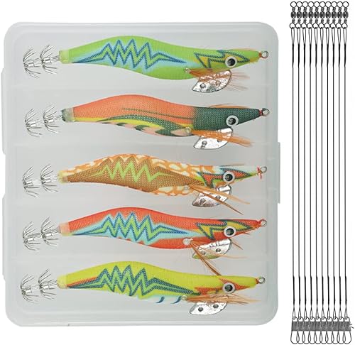 Miniatura 5 de Cebo luminoso de pesca de calamar con alambre de acero, kit de líder de 15 piezas de agua salada de madera para camarones anzuelo de pulpo, sepia y