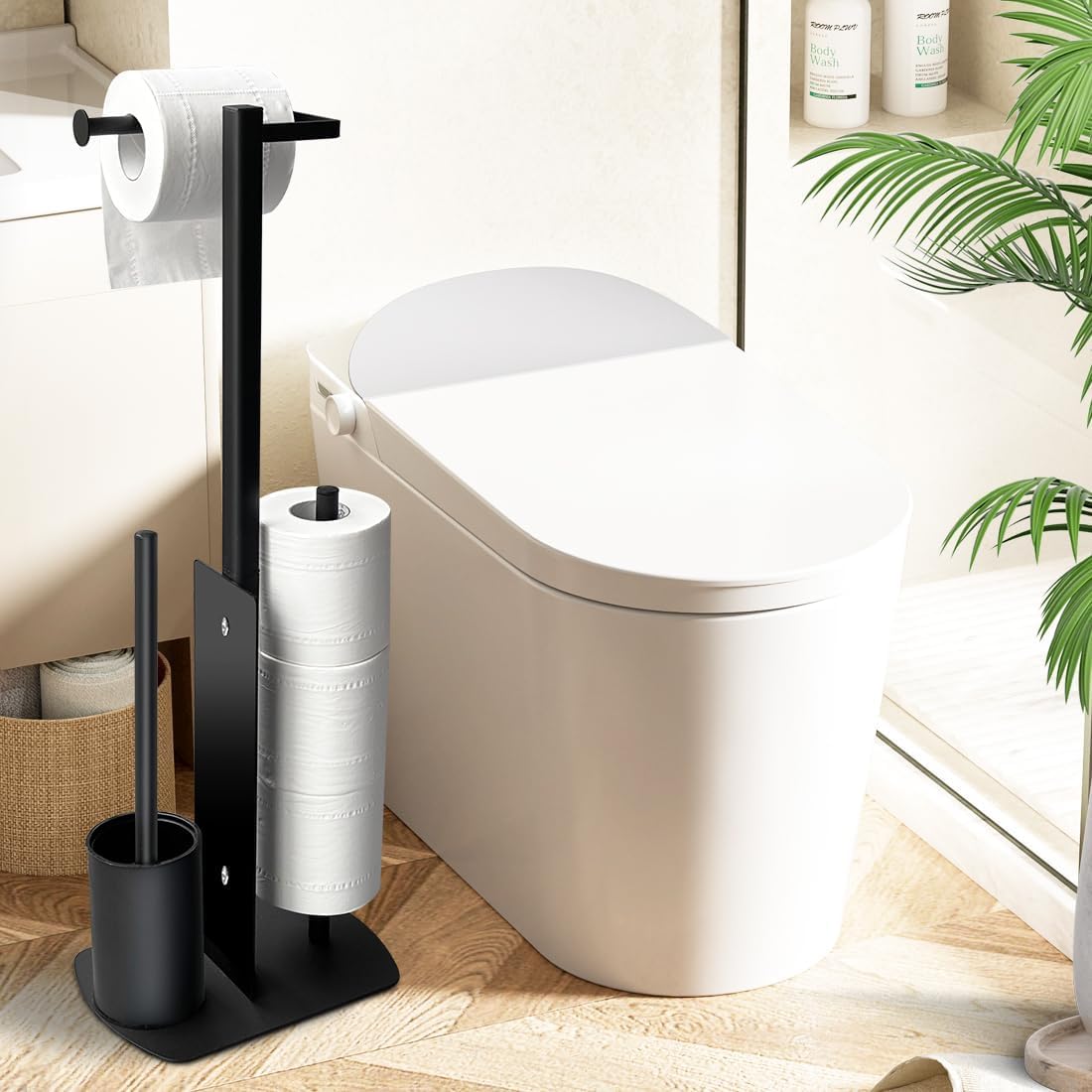 Edelstahl Klopapierhalter Stehend mit Klobürste, Toilettenpapierhalter mit WC Bürste Stand WC Garnitur für Toilettenpapier & Toilettenbürste