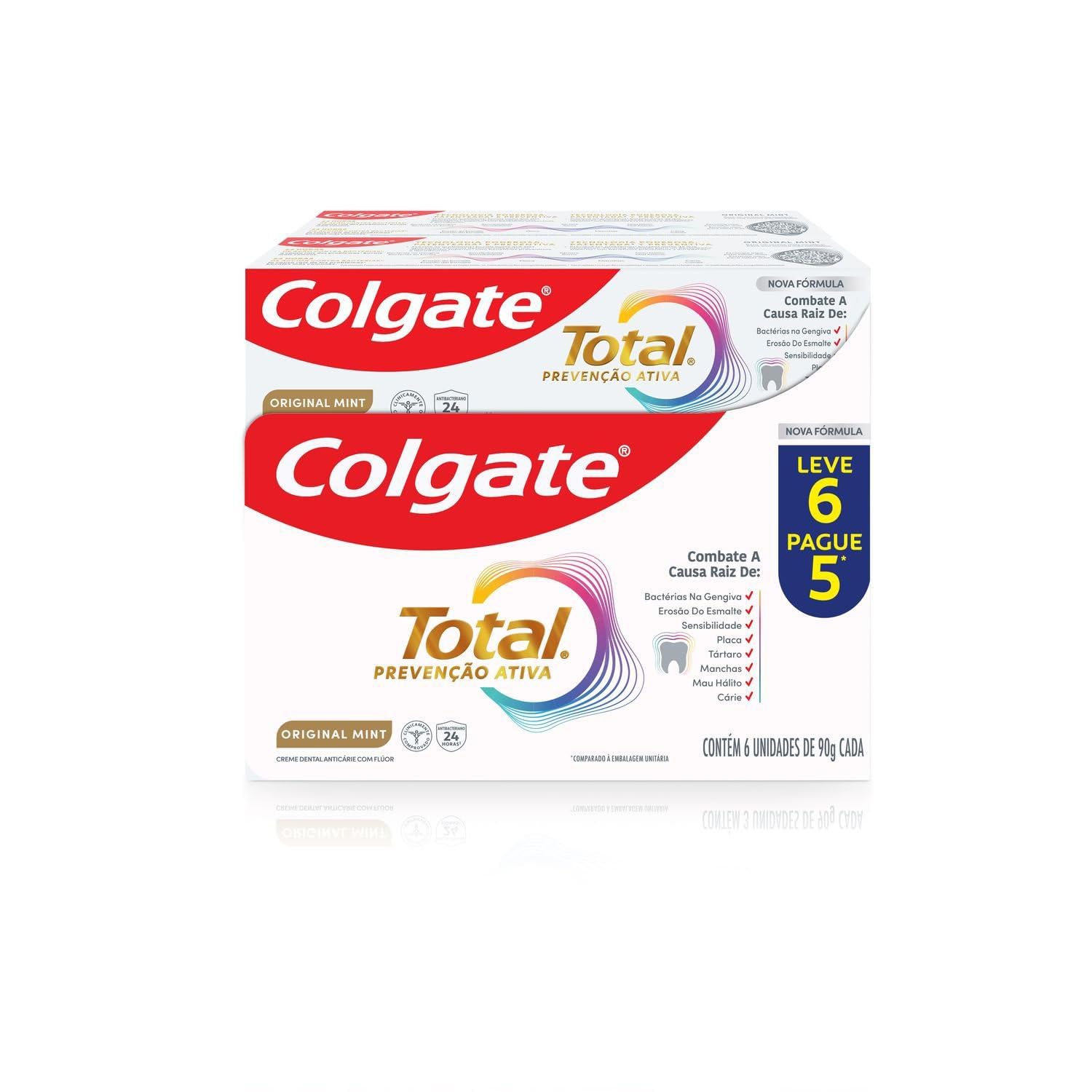 Creme Dental Colgate Total Original Mint, Prevenção Ativa, 24 horas de ação contra bactérias, Anticárie com Flúor, Combate o Mau Hálito, 6x90g