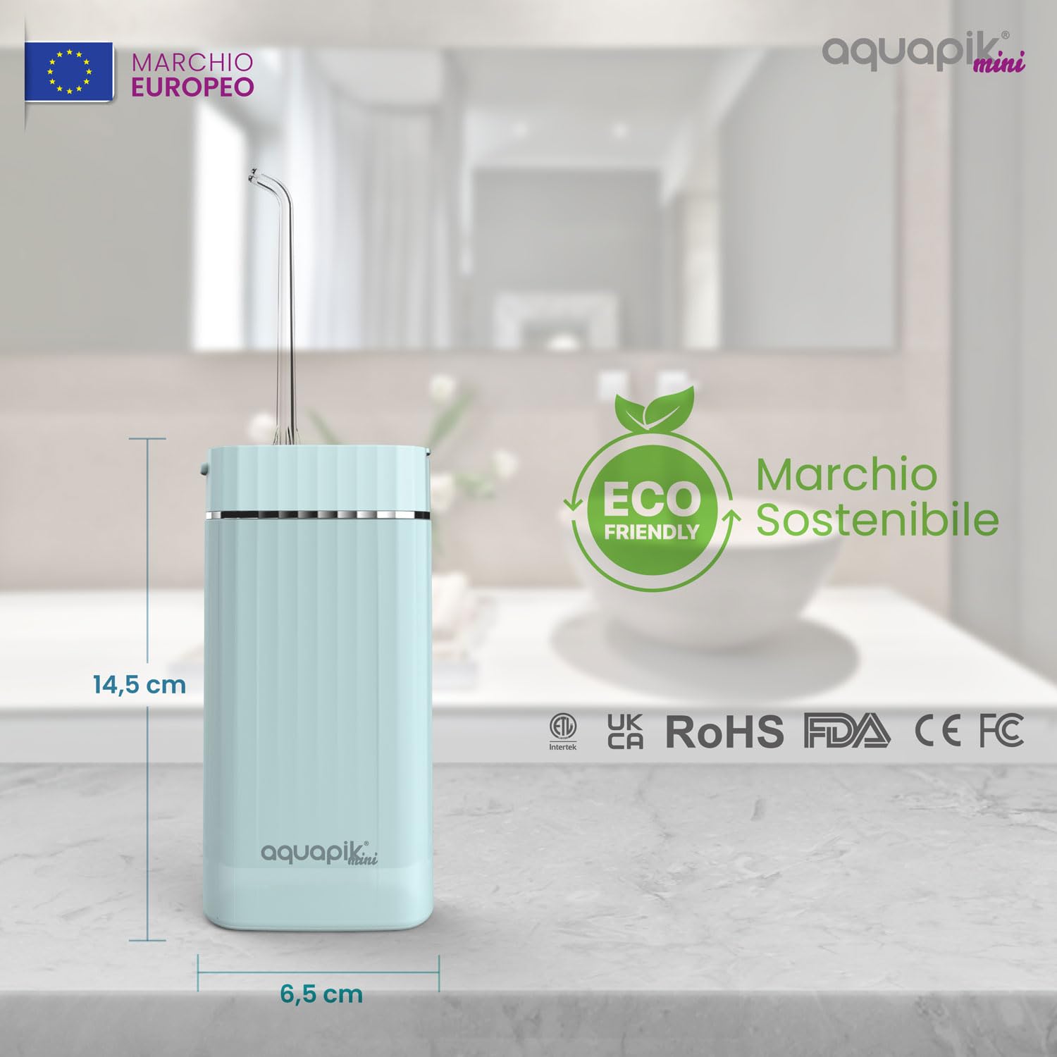 Idropulsore dentale portatile AQmini - 3 modalità, 4 ugelli, serbatoio 200 ml, USB-C, IPX7, compatto per viaggio, ufficio, gengive sensibili
