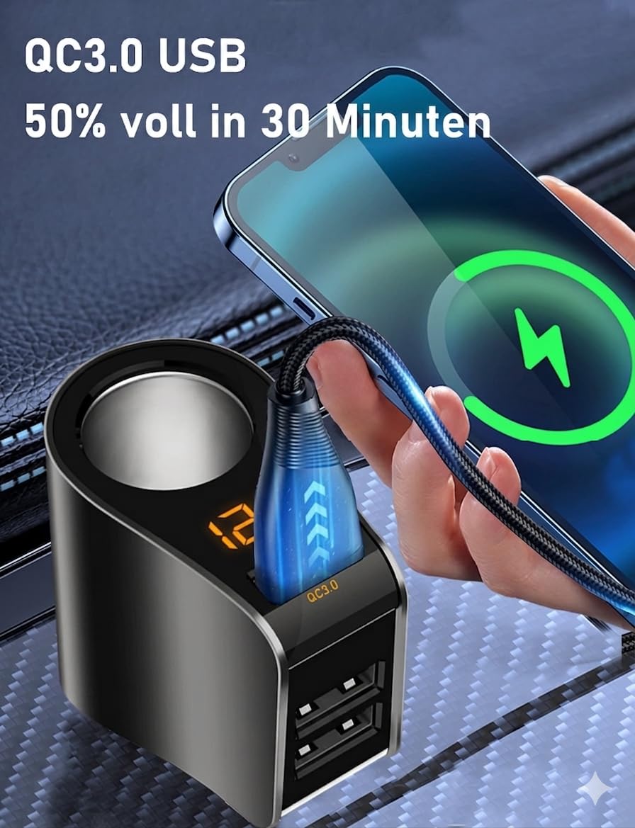Rozdzielacz zapalniczki samochodowej 4 w 1, 80 W, ładowarka samochodowa z QC3.0 + 2 USB (3,1 A) i 12 V, woltomierz LED, zabezpieczenie przed przeciążeniem 12 V/24 V - do samochodów osobowych