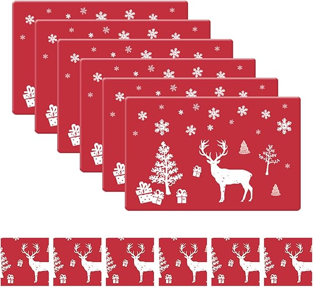 Christmas Placemats and Coaster Sets with 6 Pcs Coasters and 6 Pcs Table Mats, Non-Slip Heat Resistant Elk Place Mat for Christmas Holiday Kitchen Dining Home Table Decoration