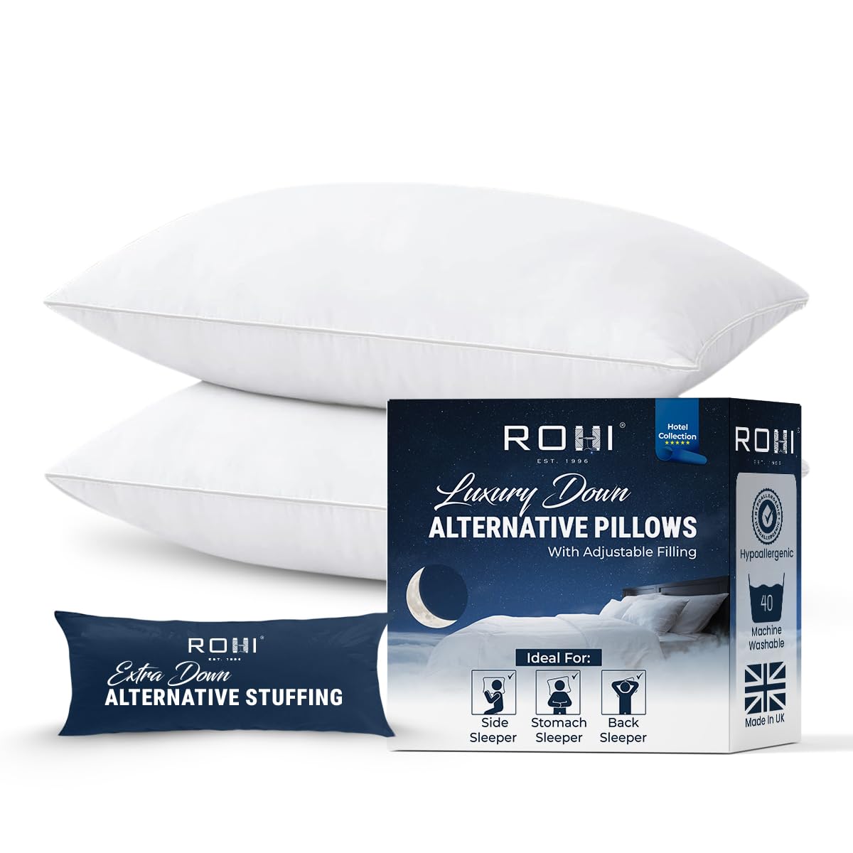Rohi Pillows 2 Pack Hotel Quality – Adjustable Down Alternative Pillows with Extra Stuffings – Premium Cotton Blend Cover – Feels Like Down Pillow 2 Pack