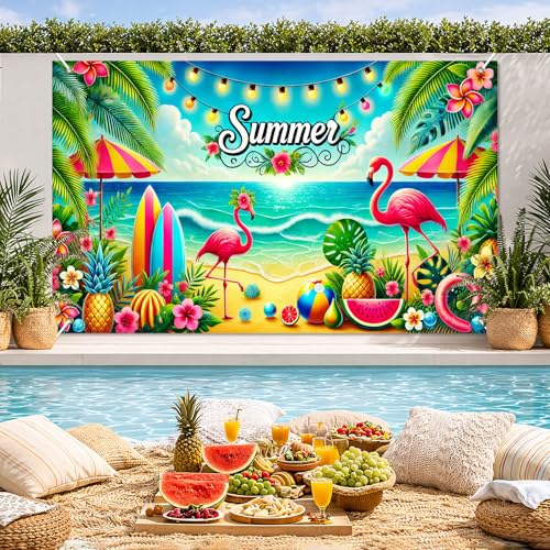 Image of HOMETITUTE Summer Beach Banner 71x43 Inches Summer Backdrop Beach Party Decorations Hawaiian Tropical Banner with Flamingo, Fruit and Surfboard, Pool Party Decor for Outdoor Decorations Supplies