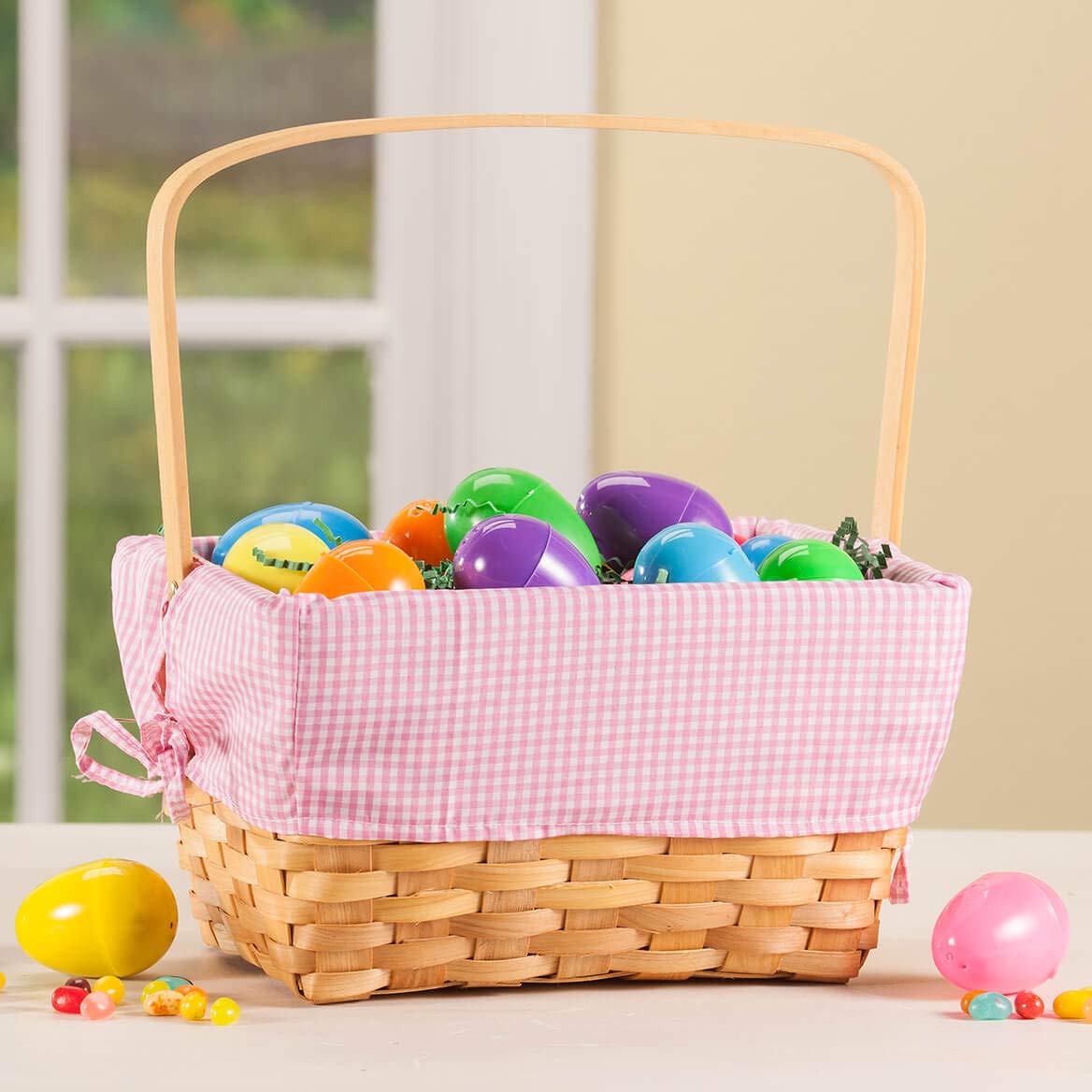 Pink Gingham Wicker Easter Basket, Removable Liner, Made of 100% Durable Chip Wood - Measures 10