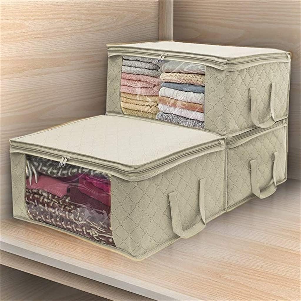 CAZOY 3 Pieces Storage Bags Large Capacity, Foldable Clothes Closet Organizer Containers with Window, Durable Under-Bed Storage Bins for Clothing Blanket Pillows (Color : Beige)