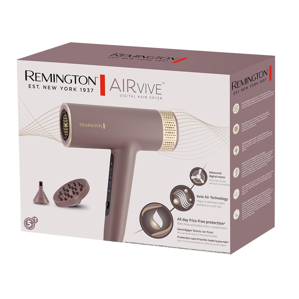 Remington secador AIRvive (motor brushless digital, iónico, silencioso, 240 km/h) difusor y concentrador (tecnología Ionic Air antiencrespamiento, 12 combinaciones de temperatura y velocidad) EC8930