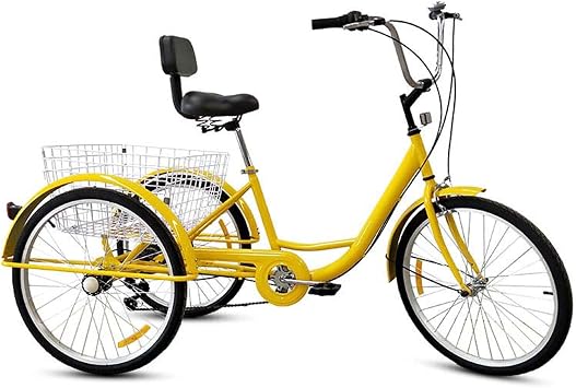 Adult Mountain Tricycle, 24" Adult Trike with 7 Speed Cargo Basket, Shopping 3 Wheel Cruise Bike Adjustable Seat Trike Cruise Bike for Seniors Color Yellow