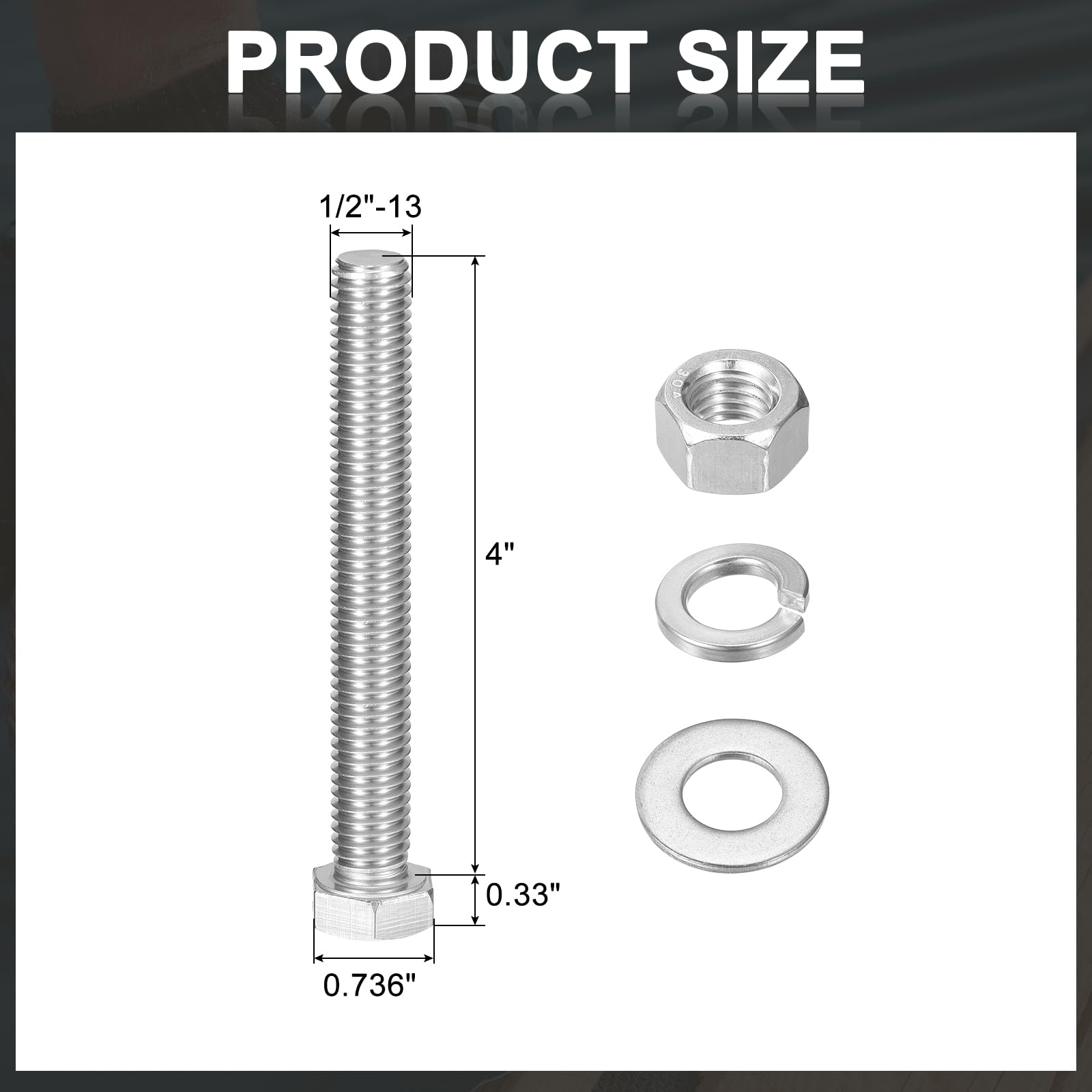 QUARKZMAN 10Set Bullone a Testa Esagonale 1/2-13 x 4" Acciaio Argento | Inossidabile 304, con Dadi Rondelle Piane e di Sicurezza