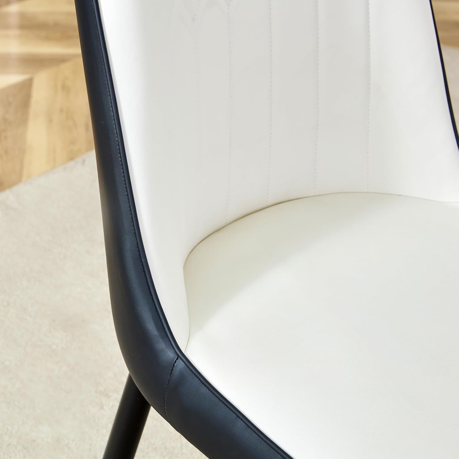 Modern Dining Chairs Set of 2, PU Upholstered Kitchen Chairs with Metal Legs and Rgonomic Backrest for Living, Kitchen, Dining Room (White+Black)