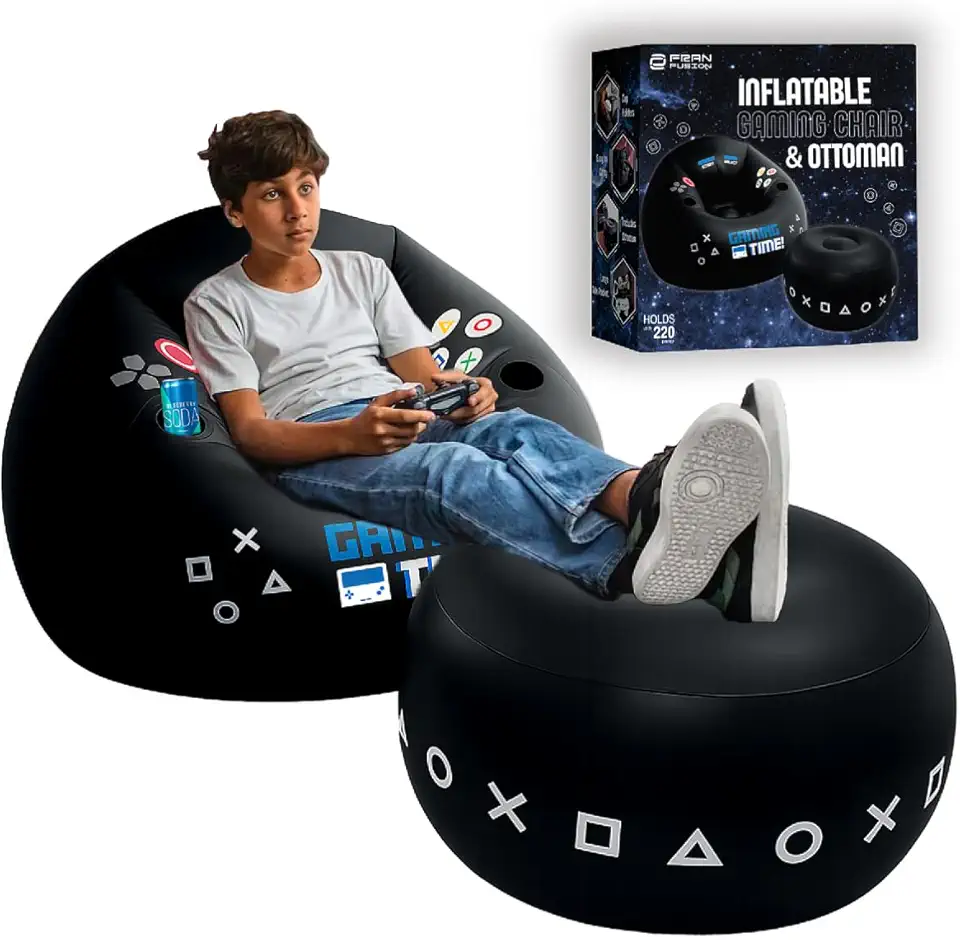 FranFusion Cadeira inflável de jogos para crianças e adolescentes com otomano, inclui porta-copos e bolso lateral - esta cadeira de jogo de pufe com otomano é o mobiliário perfeito para decoração de sala de jogadores