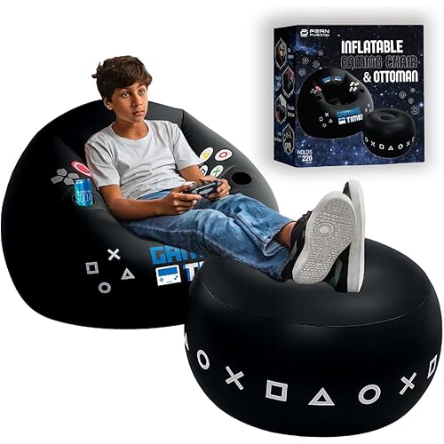 FranFusion Inflatable Gaming Chair for Kids & Teens with Cup Holders and Side Pocket - This Air Bean Bag Game Chair is The Perfect Furniture for Gamer Room Décor (Gaming Time with Ottoman)
