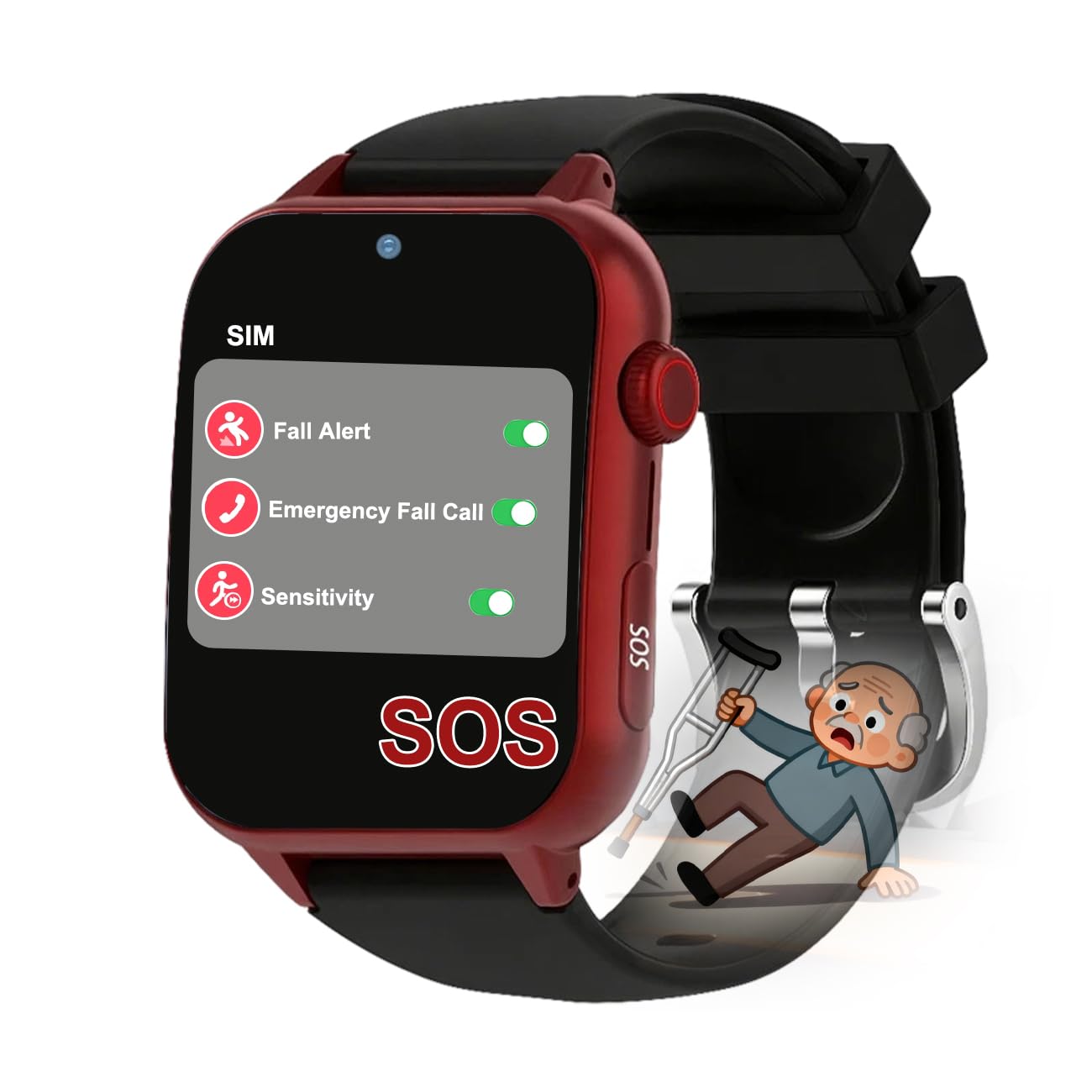 Genérico Reloj Alarma Personal para Ancianos para Personas Mayores Independientes con SOS Alerta De CaÃdas GPS Regalo para Padres,Rojo,1.9 * 1.6 Inch