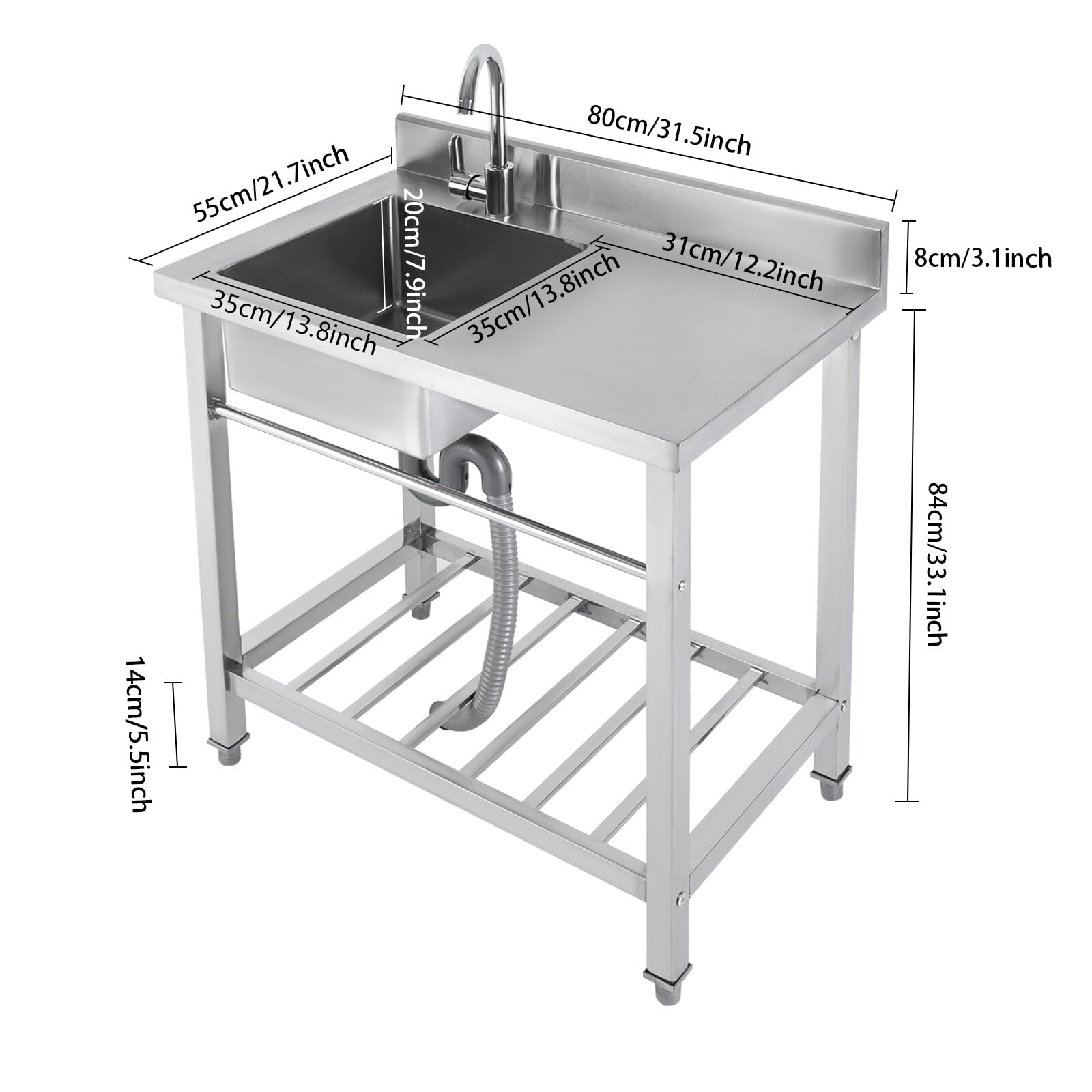 Freistehende Küchenspüle Edelstahl Spültisch, 80 x 55 x 84CM 100KG Tragfähigkeit Einschalen-Küchenspüle Gewerbliche-Küchenspüle mit Arbeitsfläche für Restaurant Garage oder Waschküche