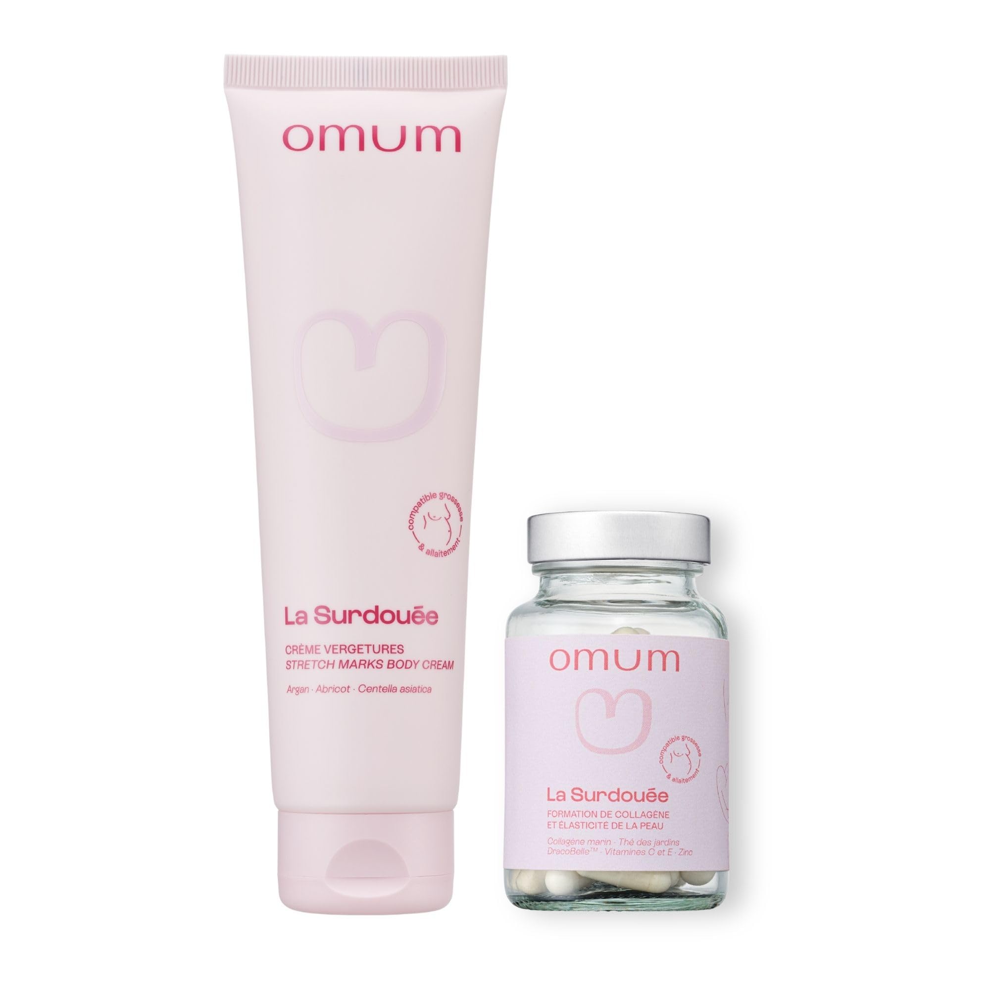 OMUM - Duo In&Out Vergetures - La Surdouée huile + La Surdouée complément alimentaire - Traitement vergetures, peau souple et élastique - Pour les futures mamans et femmes allaitantes - Vegan