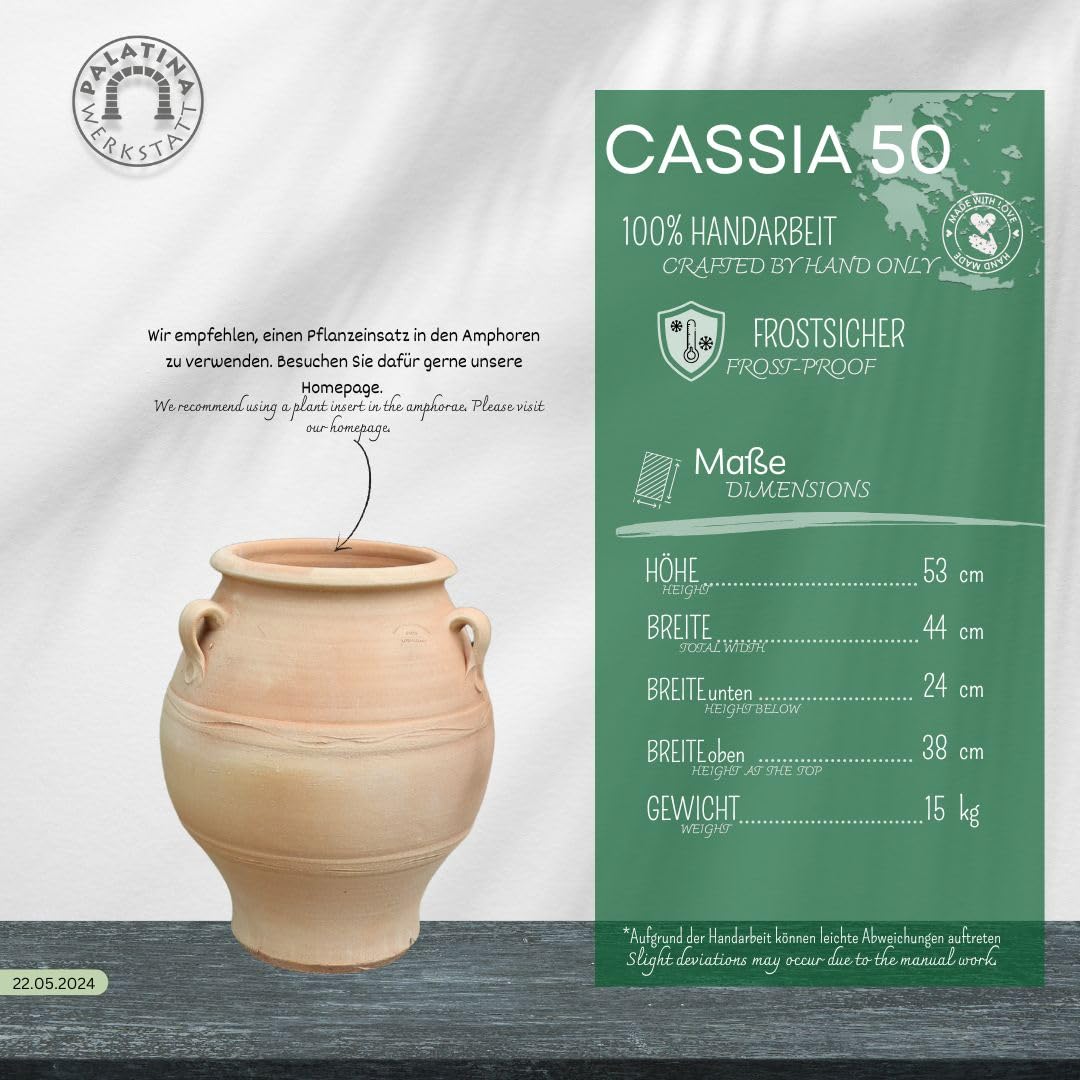 Palatina Werkstatt Griechische Amphore „Cassia“ 50 cm – Handgefertigte Terracotta Amphore frostfest & winterhart –Unikat aus gebranntem Ton für Garten, Terrasse & Balkon – Pflanzkübel & Dekovase