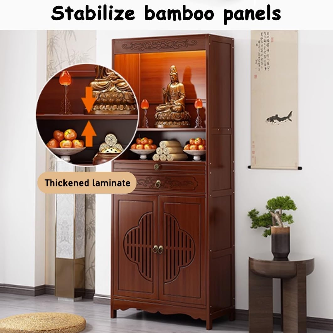 Personal Shrine Altar Table, Buddha Niche Chinese Cabinet Altar with Storage and Drawer, Bamboo Meditation Table Incense Burner Pedestal Offering Table for Prayers Divination(Open,68cm/26.7")
