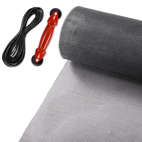 FLYZZZ Profi Fliegengitter Fenster &Tür Set – 150X300cm Fiberglas Gewebe Meterware in Schwarz – Inkl. Φ 12m Keder, ergonomischem Einrollwerkzeug & Cutter – Insektenschutz Ersatznetz zum Zuschneiden