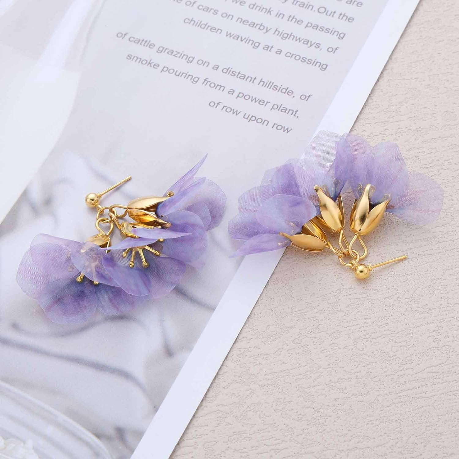 Vintage Chiffon Floral Drop Earrings Fabric Flower Earrings Purple Flower Dangle Earring Lace Floral Earring Wedding Bridal Jewelry for Women - Image 4